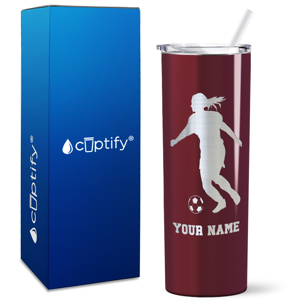 Personalized Soccer Player Female Silhouette on 20oz Skinny Tumbler