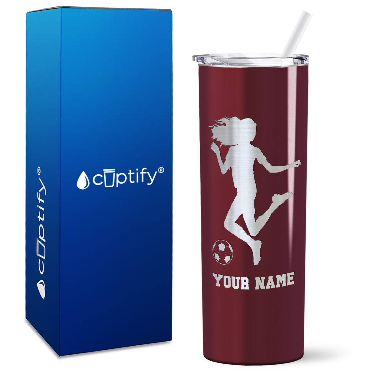 Personalized Soccer Player Female Kick on 20oz Skinny Tumbler