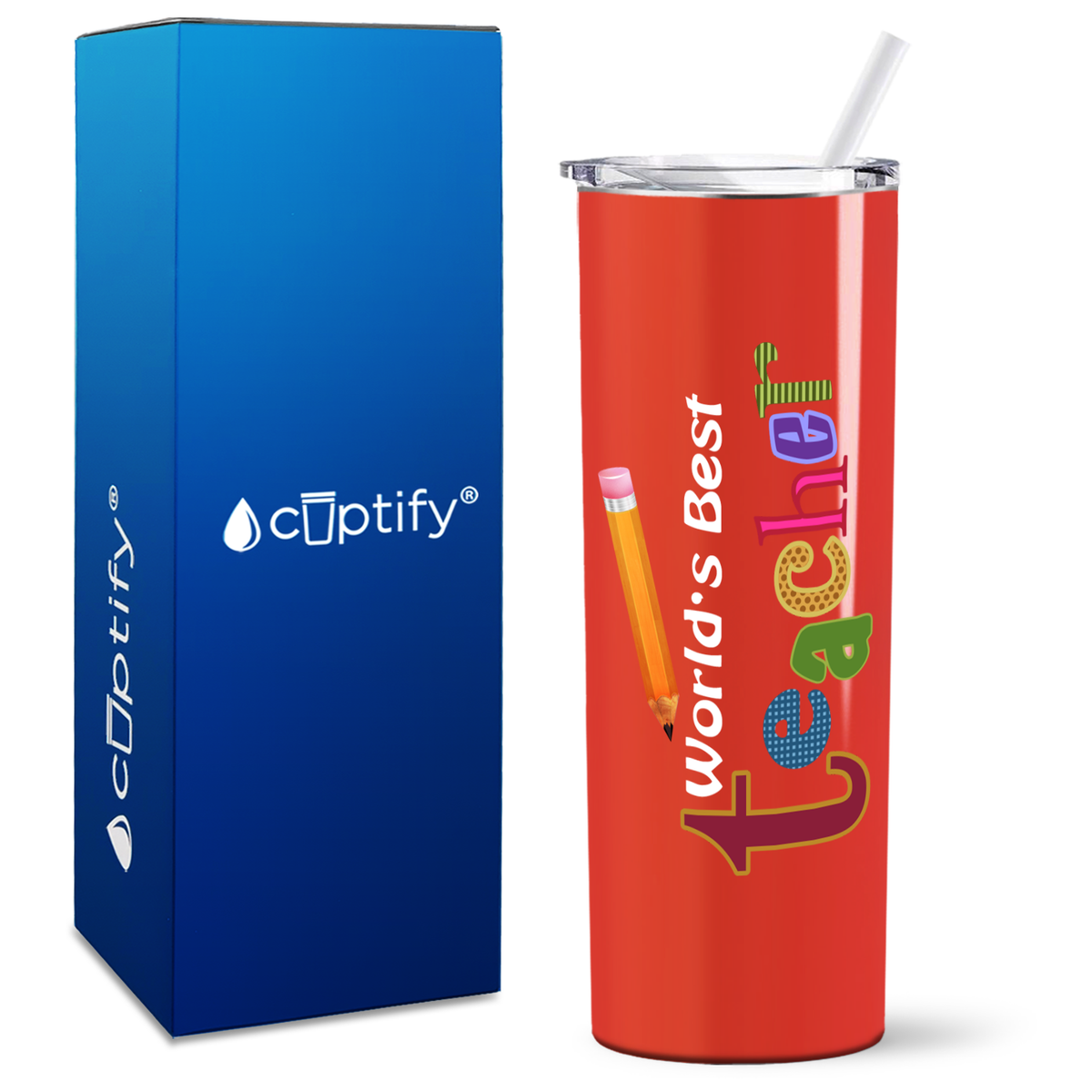 World's Best Teacher with Pencil on 20oz Skinny Tumbler