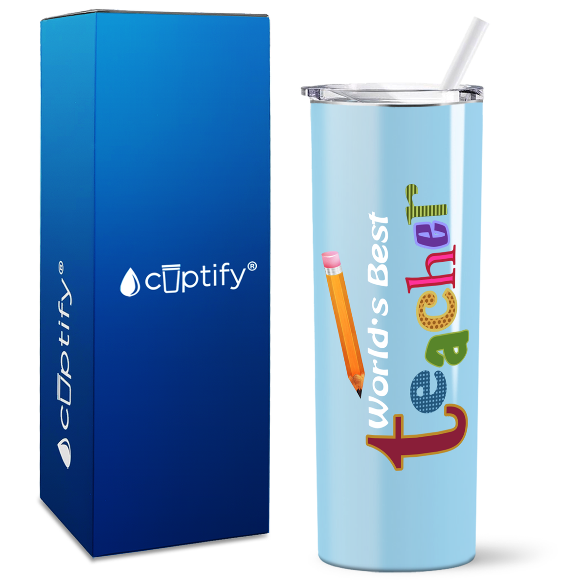 World's Best Teacher with Pencil on 20oz Skinny Tumbler