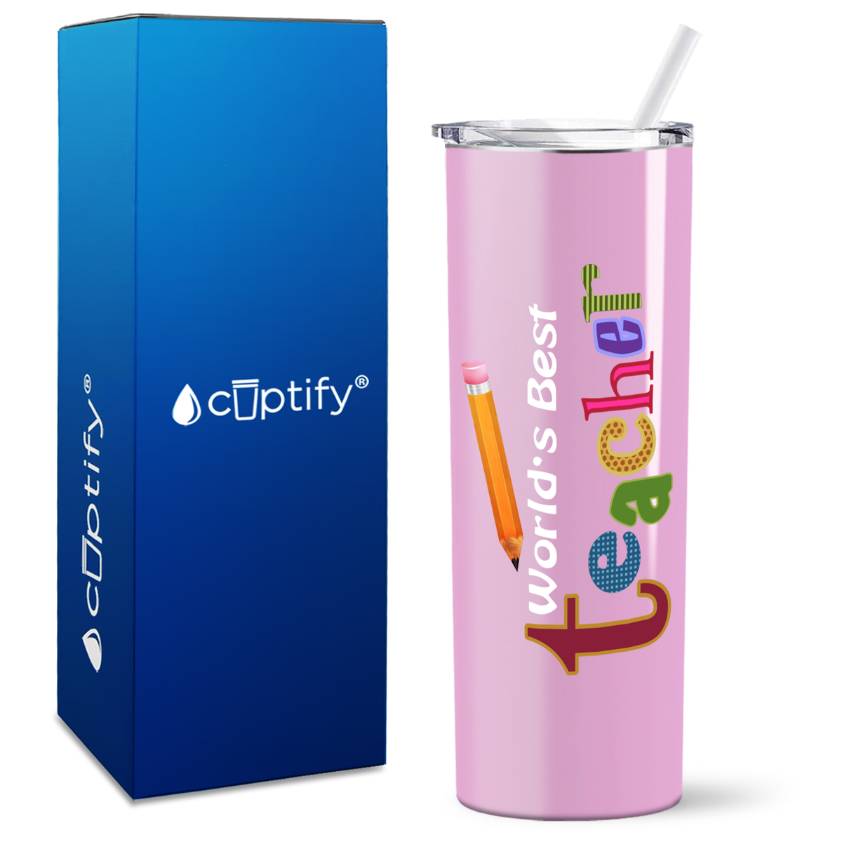 World's Best Teacher with Pencil on 20oz Skinny Tumbler