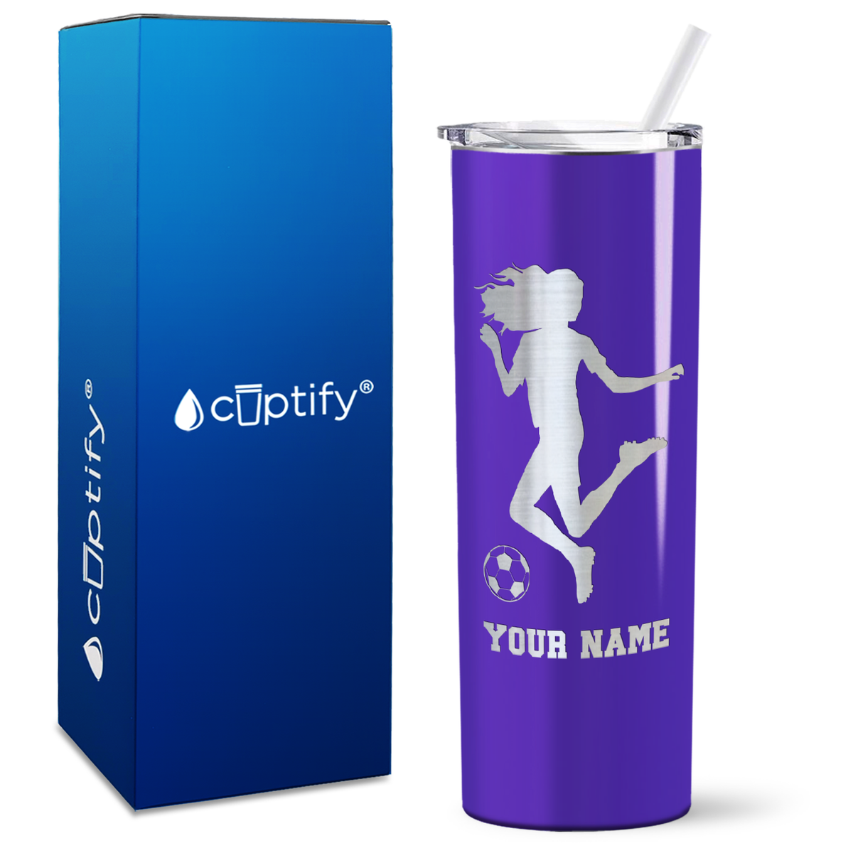 Personalized Soccer Player Female Kick on 20oz Skinny Tumbler
