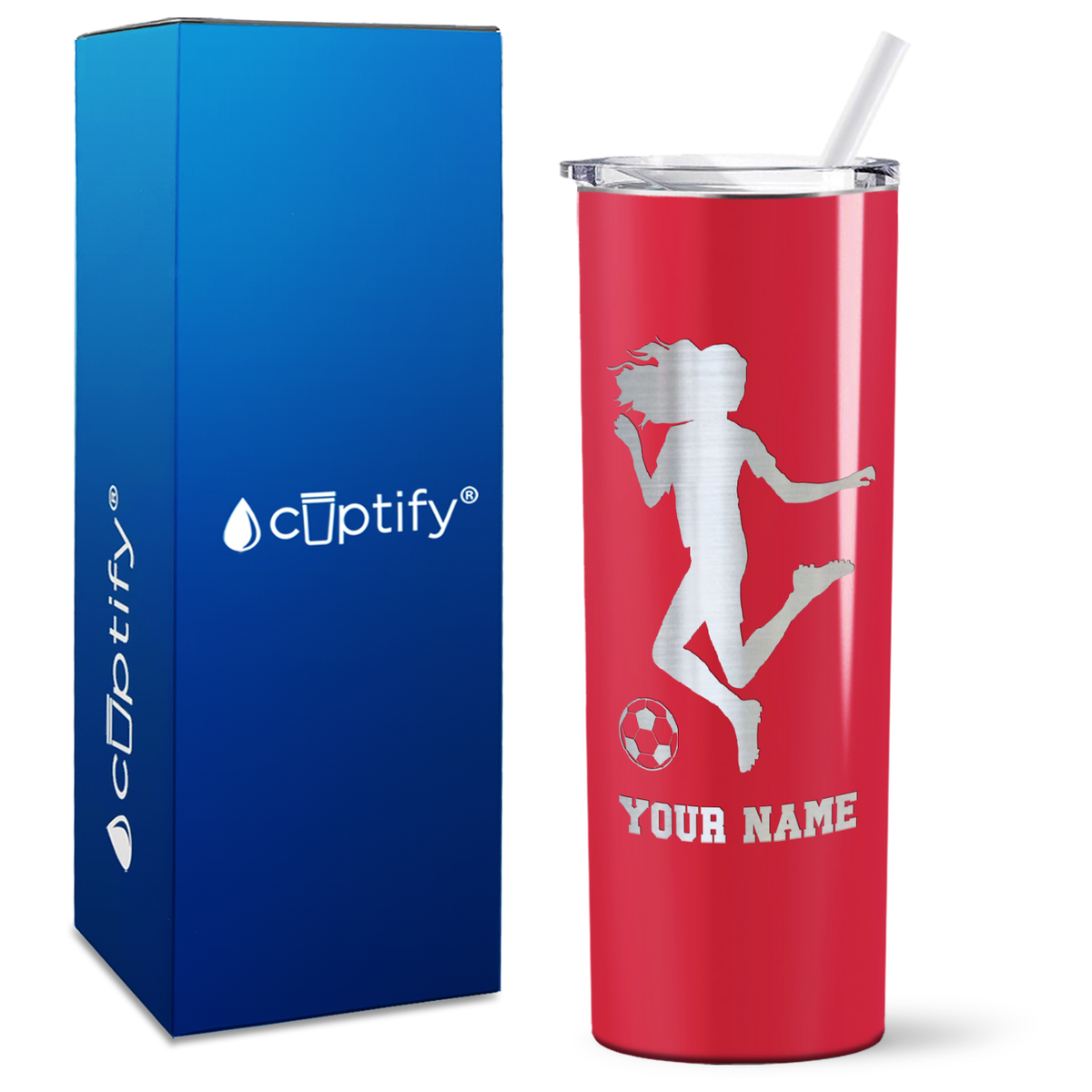 Personalized Soccer Player Female Kick on 20oz Skinny Tumbler
