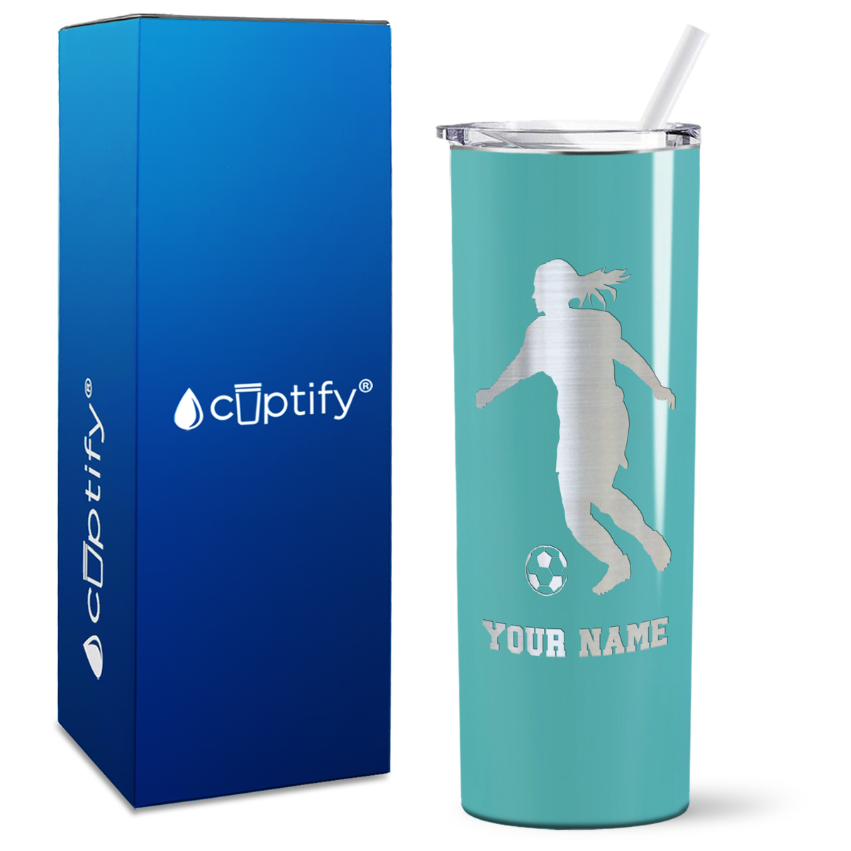 Personalized Soccer Player Female Silhouette on 20oz Skinny Tumbler