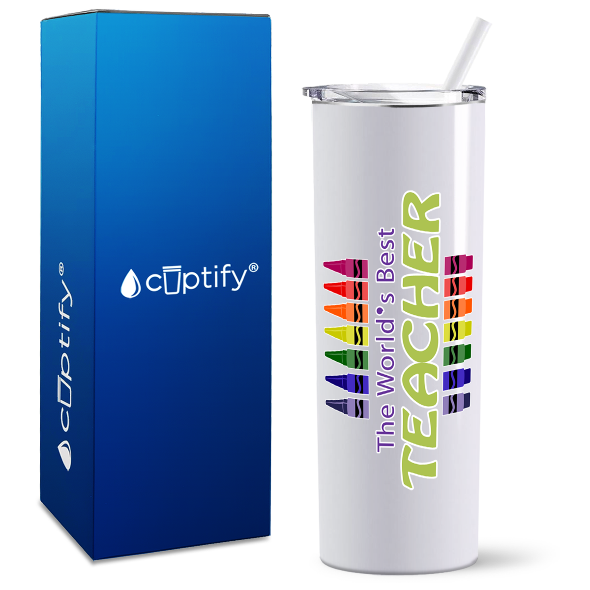 World's Best Teacher Crayons on 20oz Skinny Tumbler