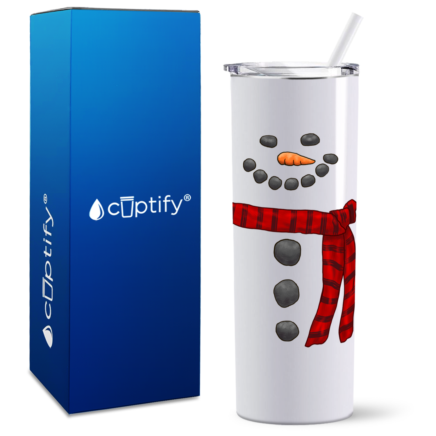 Happy Snowman with Scarf on White 20oz Skinny Tumbler