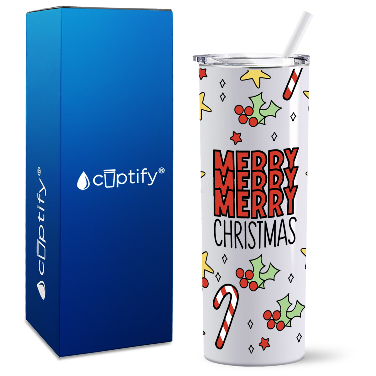 Merry Merry Merry Christmas on White 20oz Skinny Tumbler