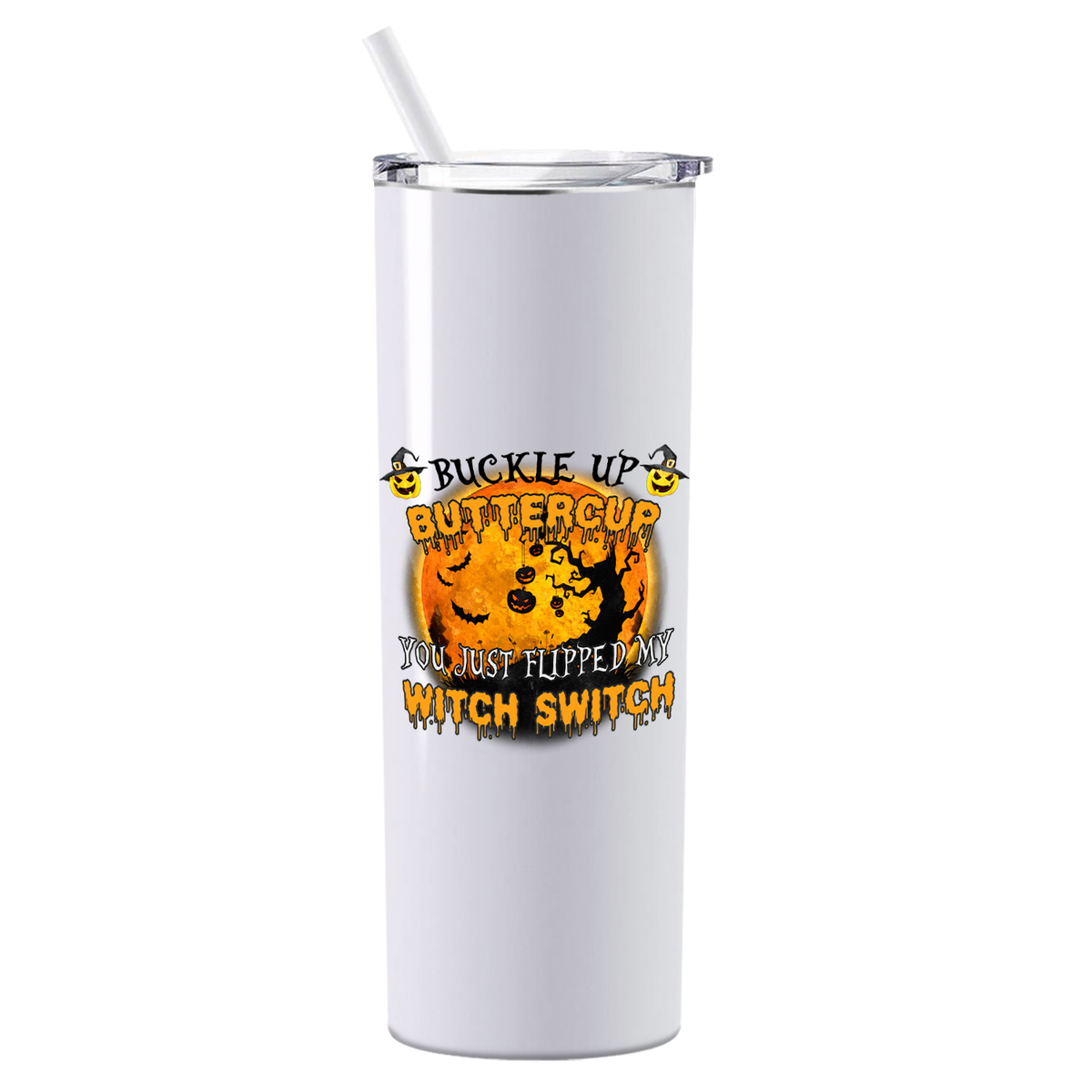 Personalized Buckle Up Butter Cup Girl Masquerade on White 20oz Halloween Skinny Tumbler