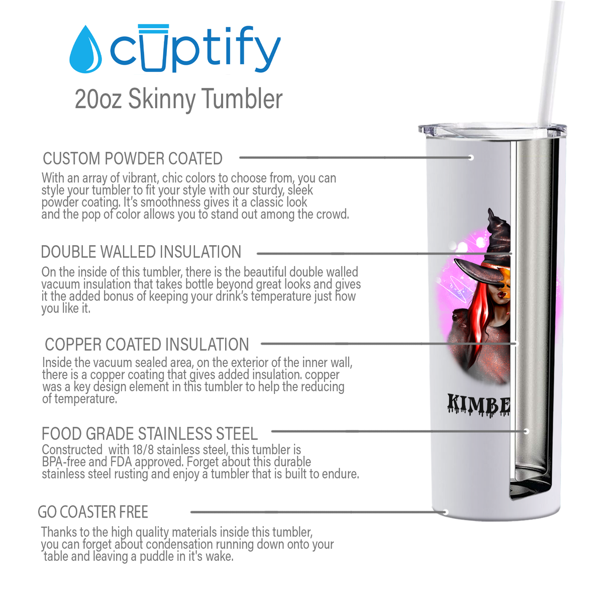 Personalized Buckle Up Butter Cup Girl Masquerade on White 20oz Halloween Skinny Tumbler