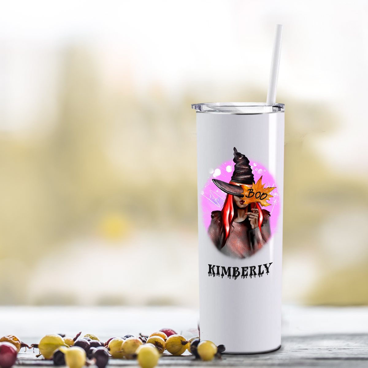 Personalized Buckle Up Butter Cup Girl Masquerade on White 20oz Halloween Skinny Tumbler