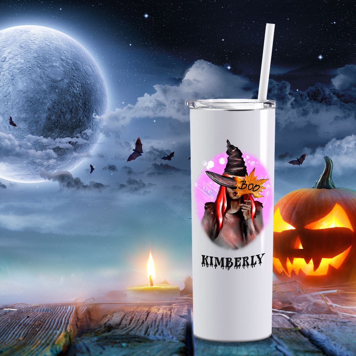 Personalized Buckle Up Butter Cup Girl Masquerade on White 20oz Halloween Skinny Tumbler