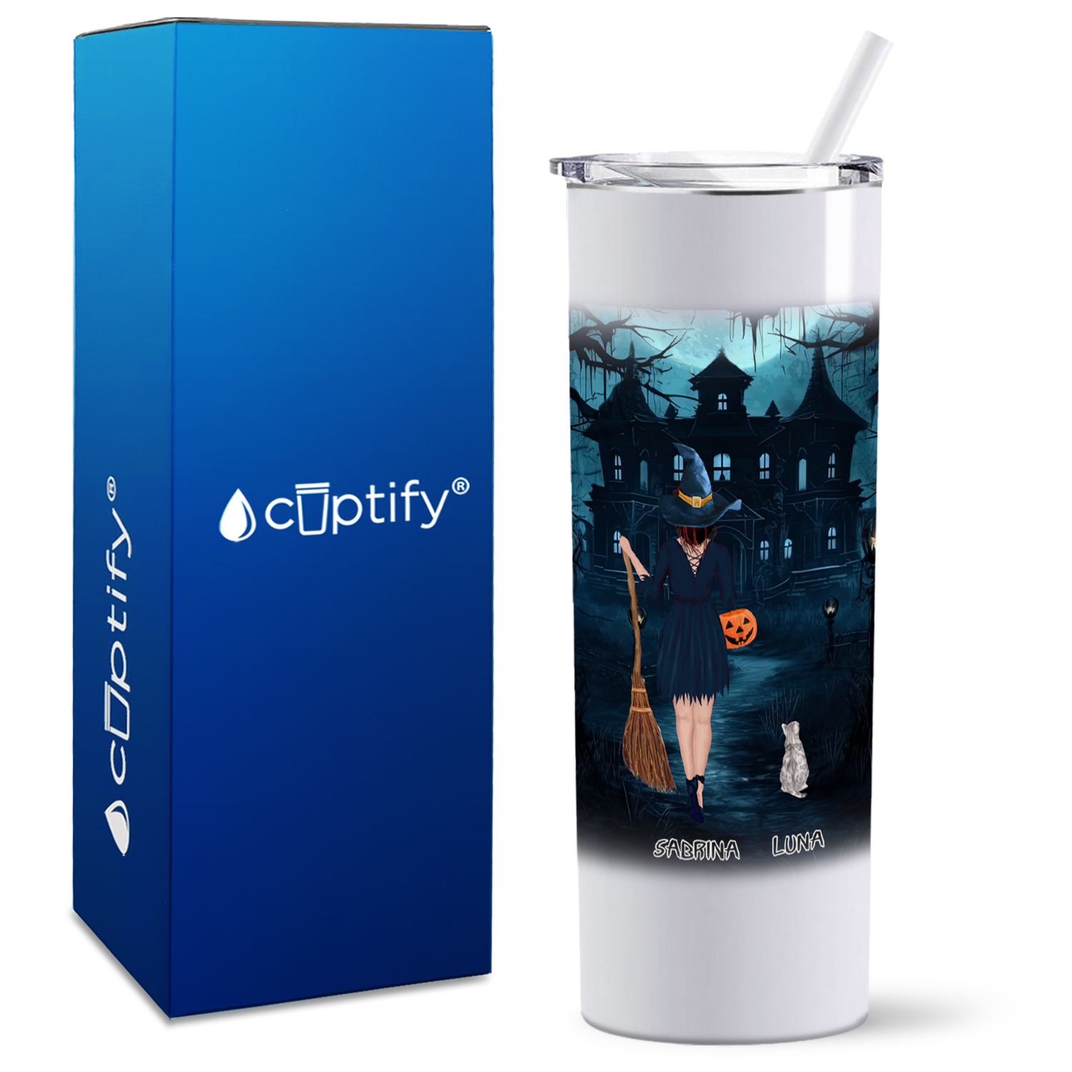 Personalized Halloween is Better with a Cat on White 20oz Halloween Skinny Tumbler