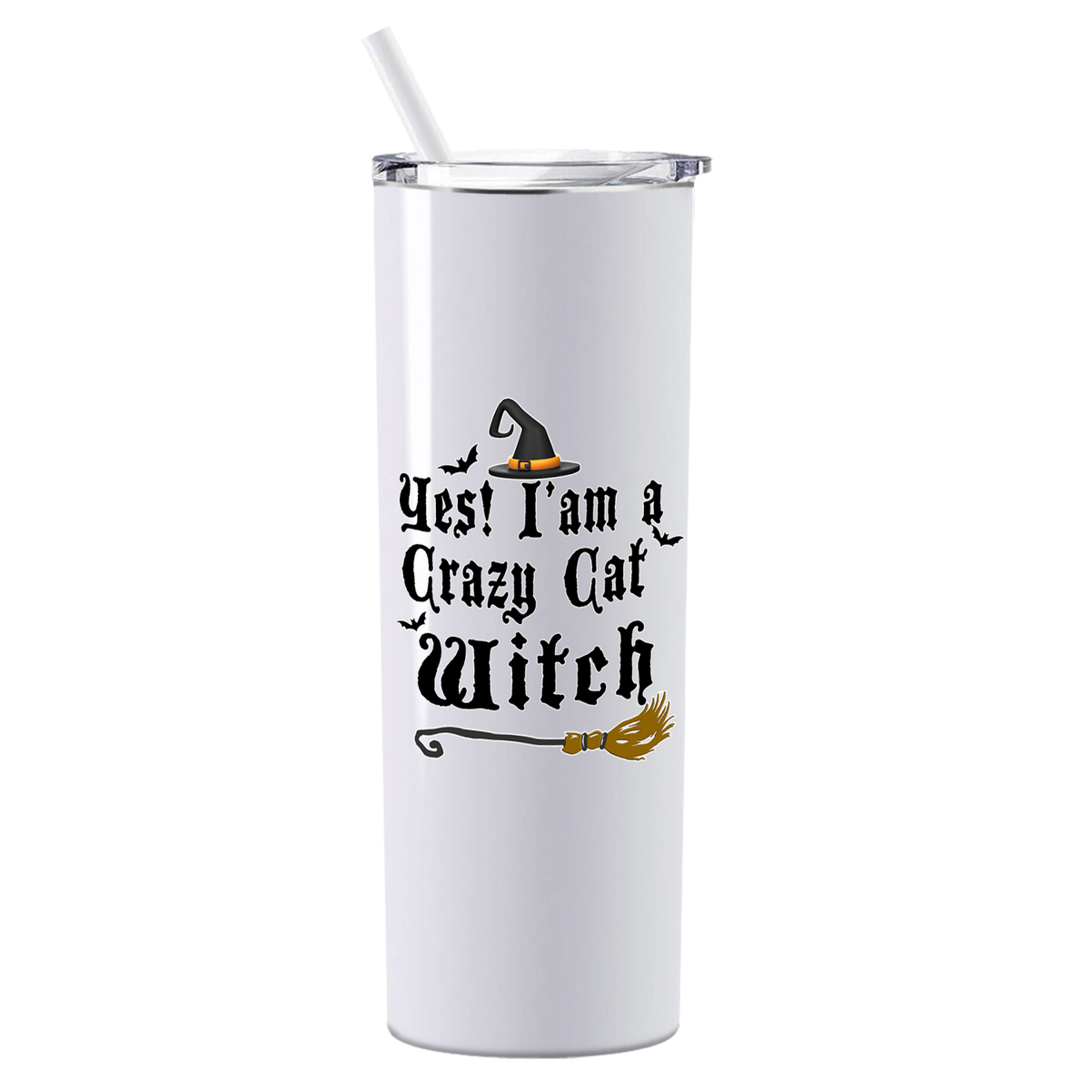 Personalized Yes I am a Crazy Cat Witch on White 20oz Halloween Skinny Tumbler