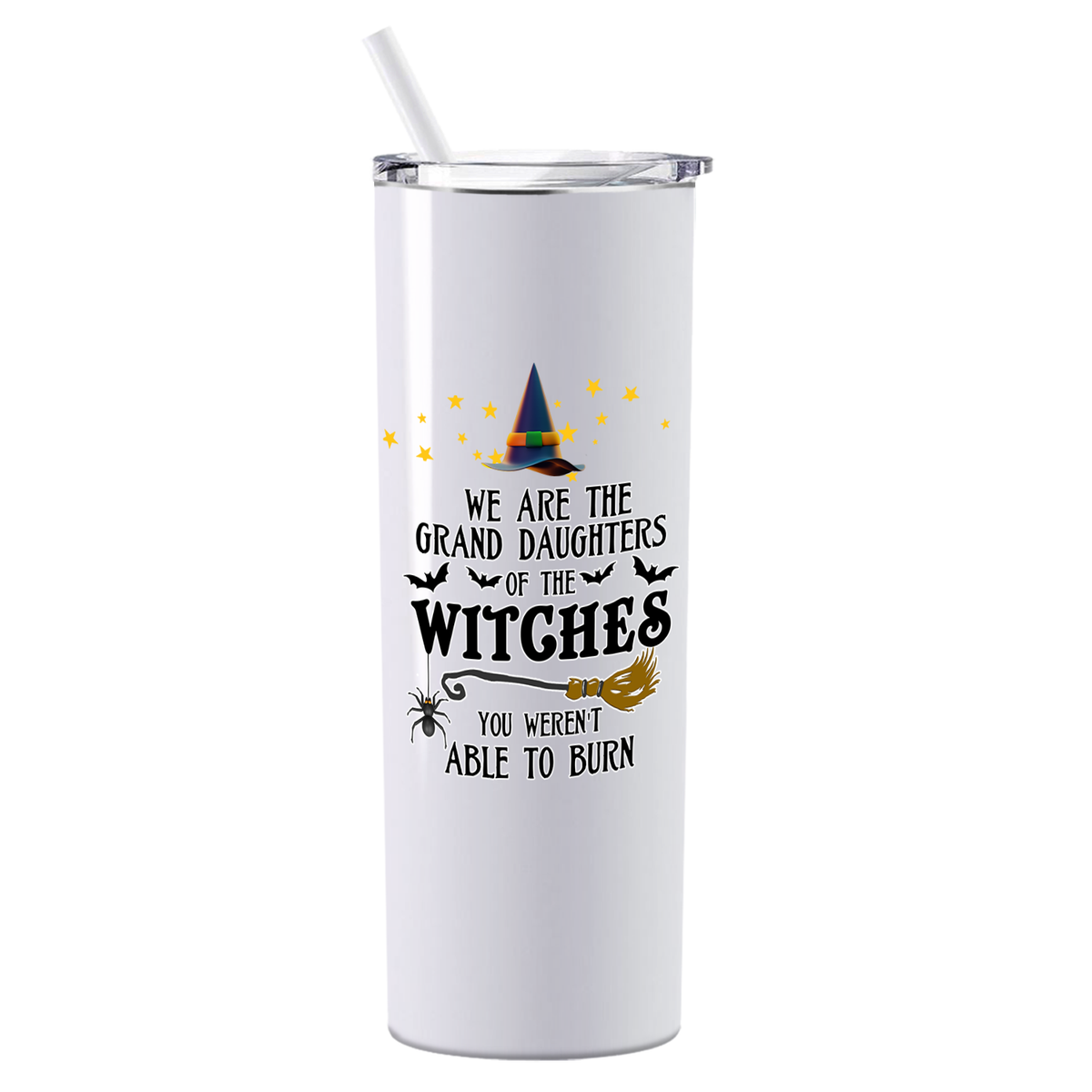 Personalized We Are the Grand Daughters of the Witches on White 20oz Halloween Skinny Tumbler