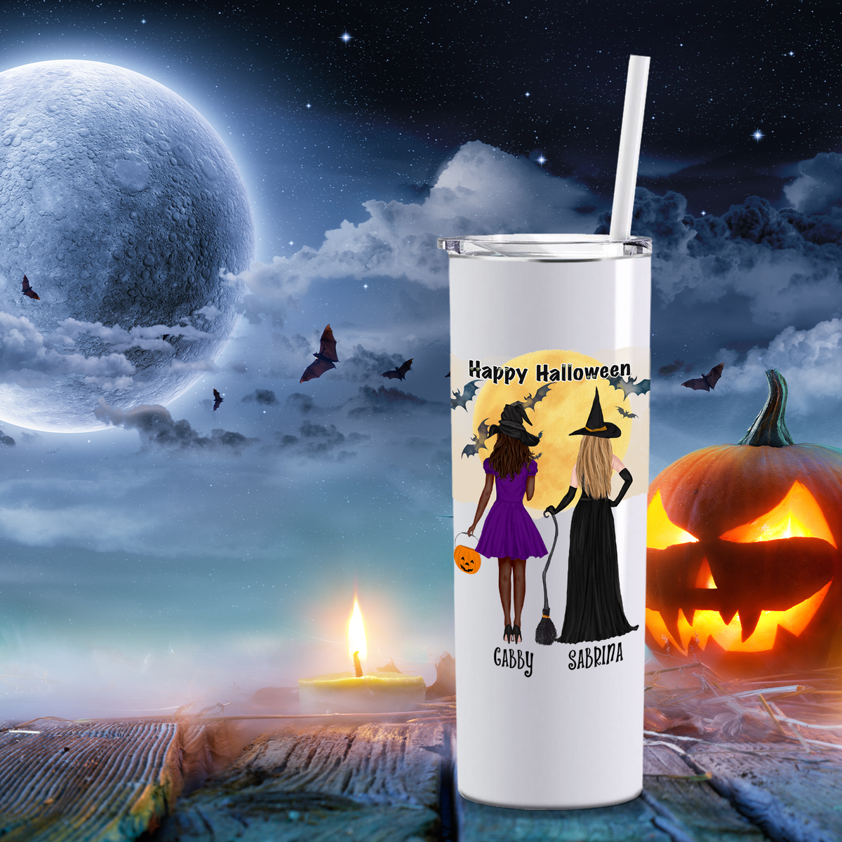 Personalized We Are the Grand Daughters of the Witches on White 20oz Halloween Skinny Tumbler