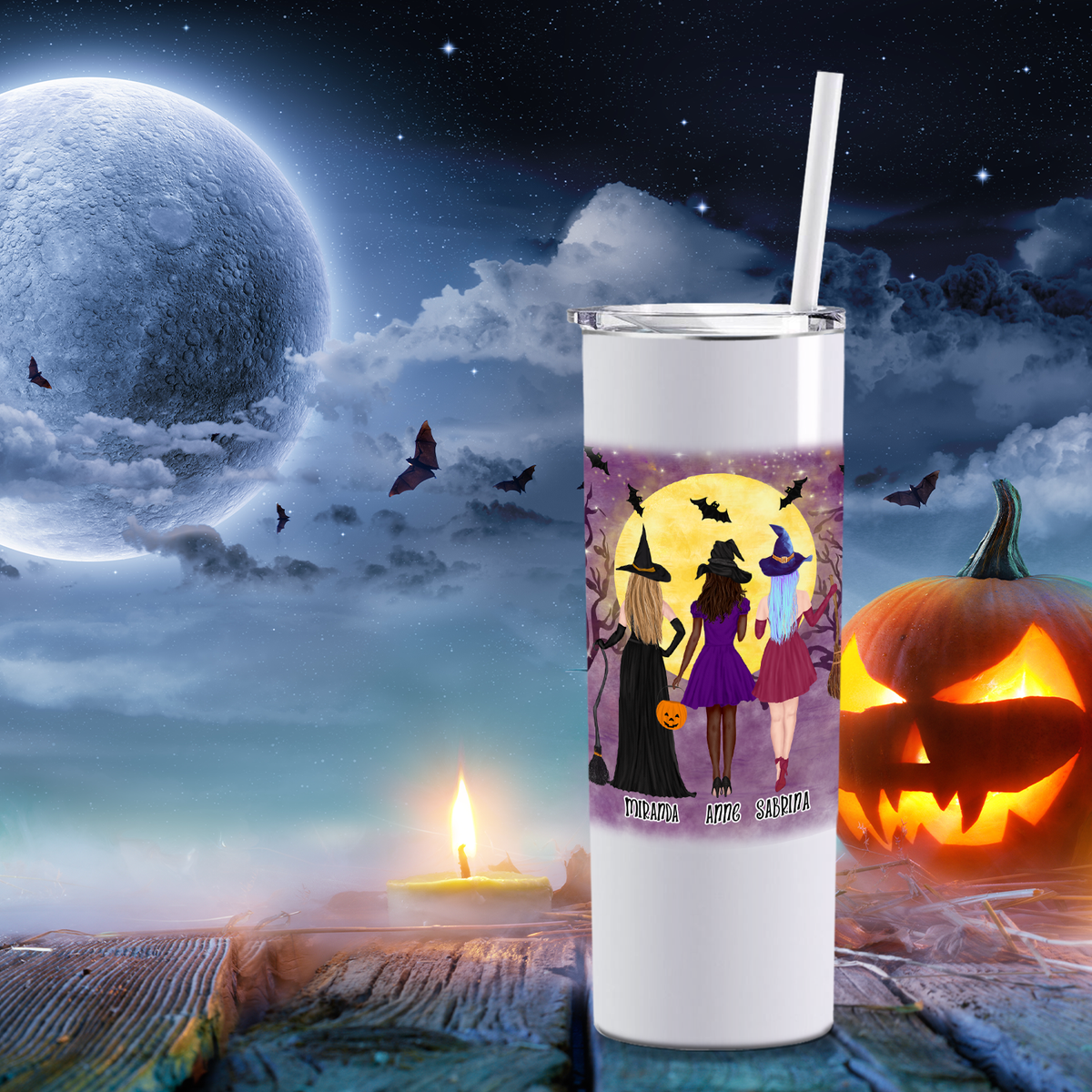 Personalized Best Witches on White 20oz Halloween Skinny Tumbler