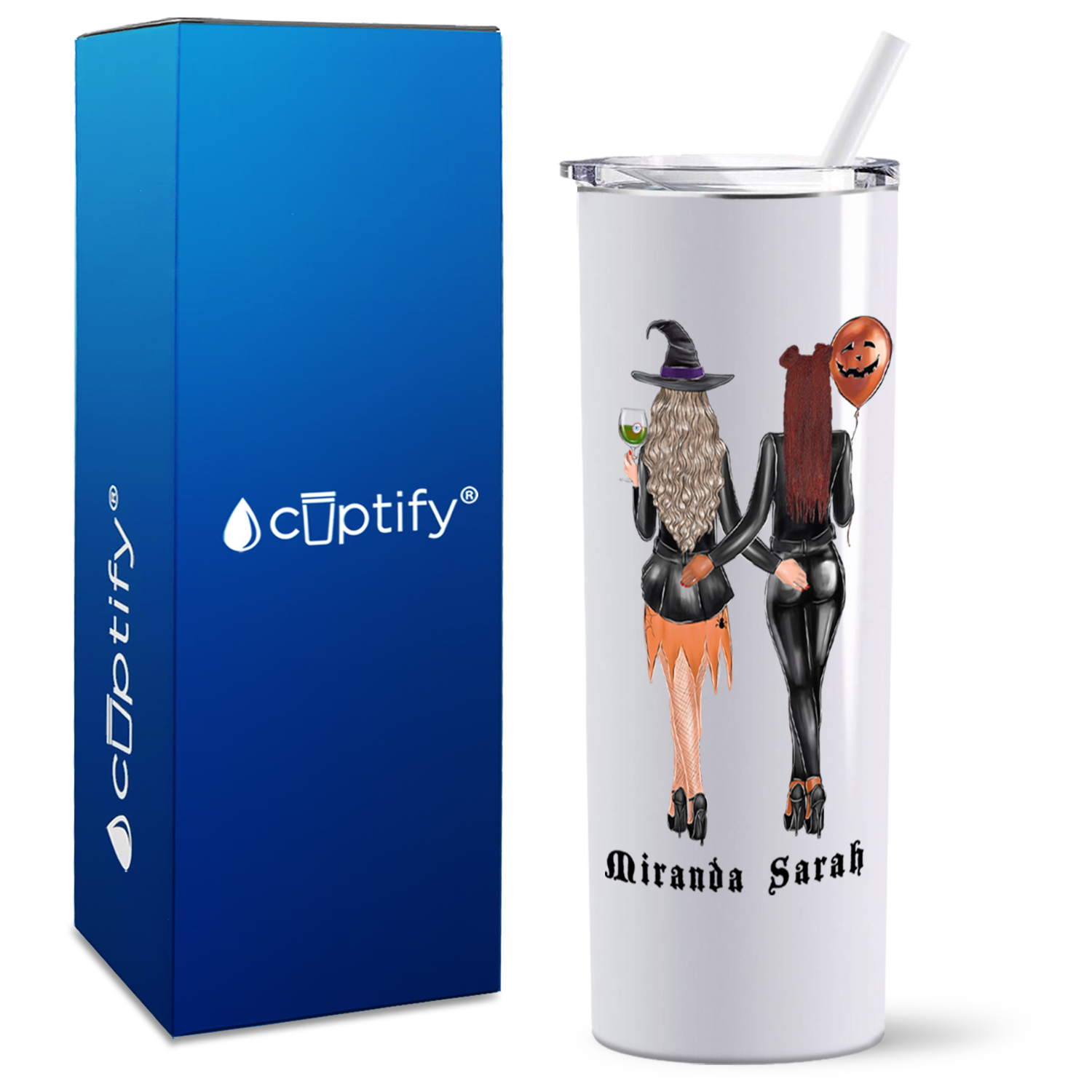Personalized Best Witches Best Girl Friends on White 20oz Halloween Skinny Tumbler