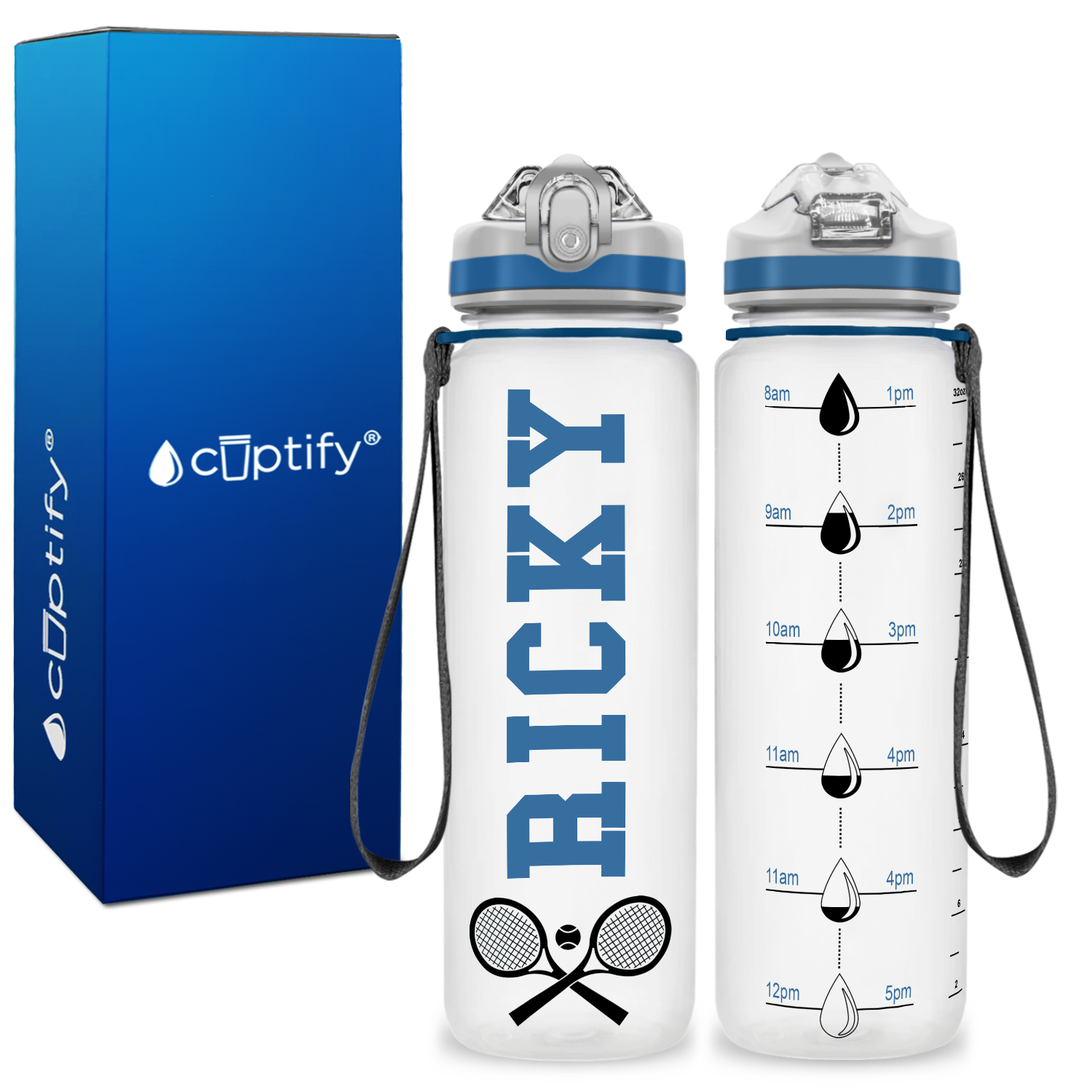 Personalized Tennis Rackets on 20 oz Motivational Tracking Water Bottle