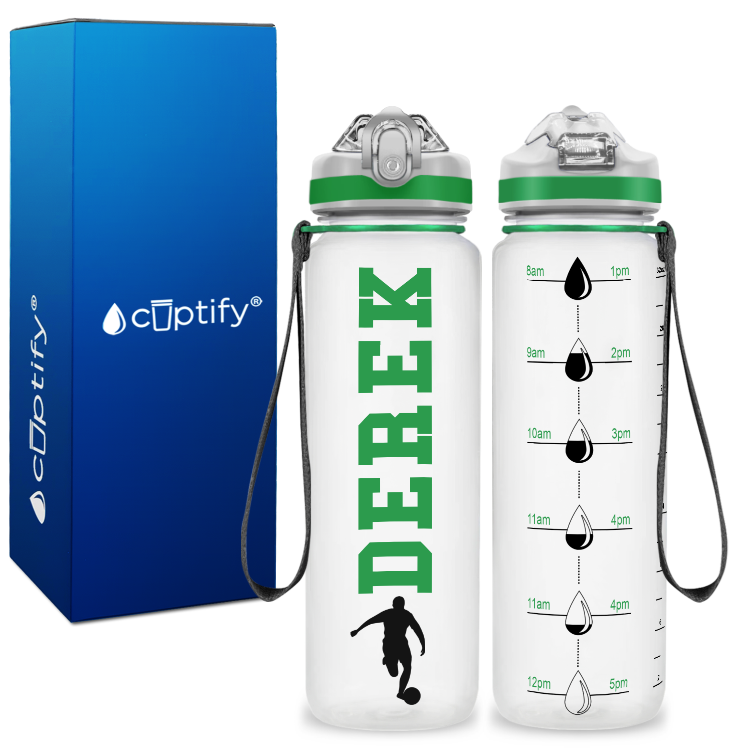 Personalized Soccer Player on 20 oz Motivational Tracking Water Bottle