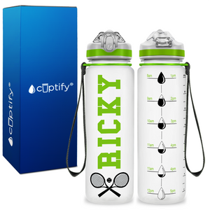 Personalized Tennis Rackets on 20 oz Motivational Tracking Water Bottle