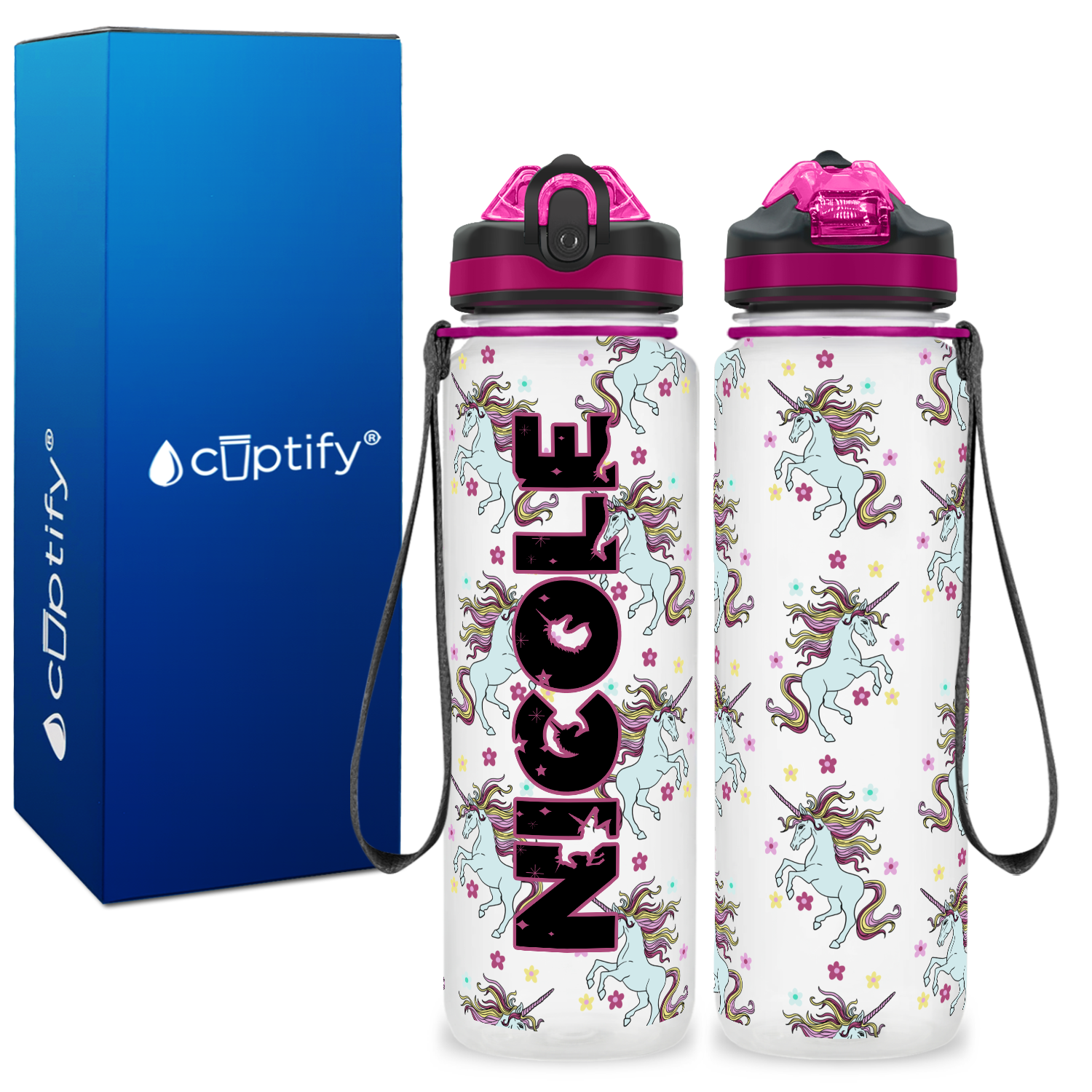 Unicorns with Cute Flowers Personalized Kids Bottle with Straw 20oz Tritan™ Water Bottle