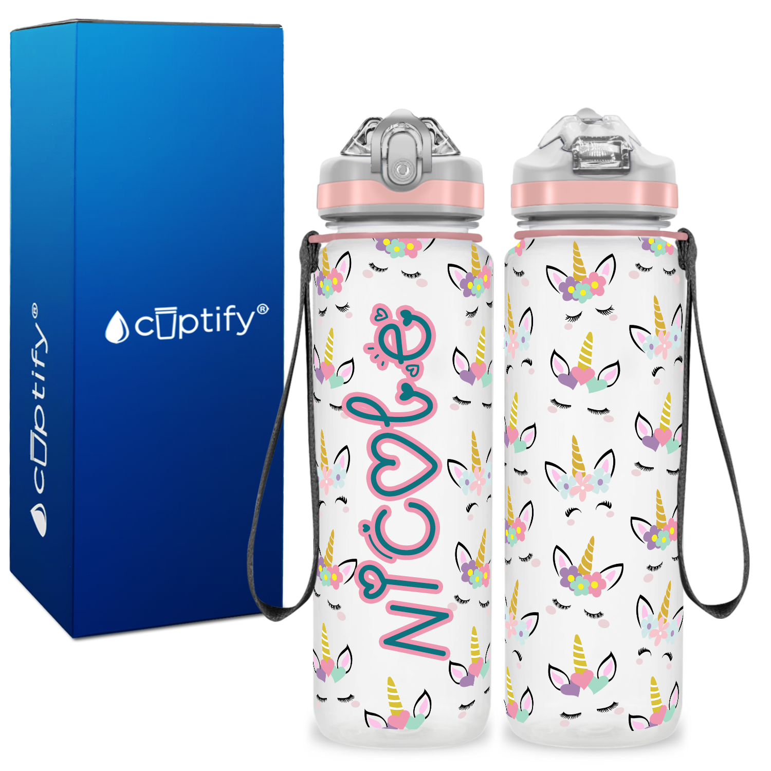 Unicorn Head Flowers and Hearts Personalized Kids Bottle with Straw 20oz Tritan™ Water Bottle