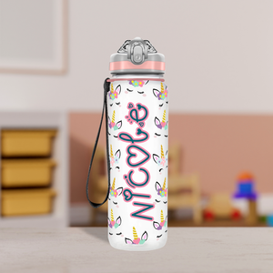 Unicorn Head Flowers and Hearts Personalized Kids Bottle with Straw 20oz Tritan™ Water Bottle