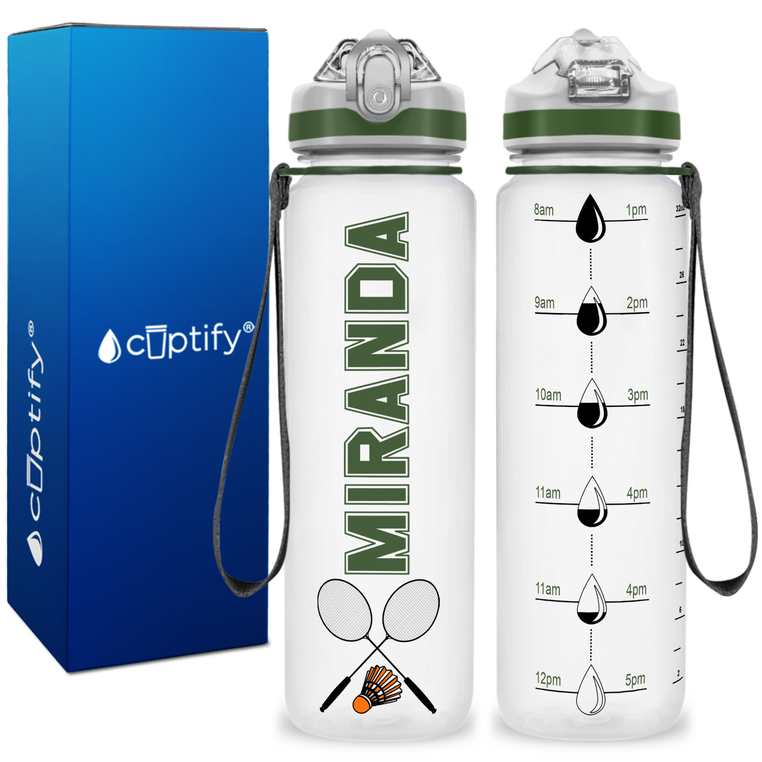 Personalized Badminton Rackets on 32 oz Motivational Tracking Water Bottle