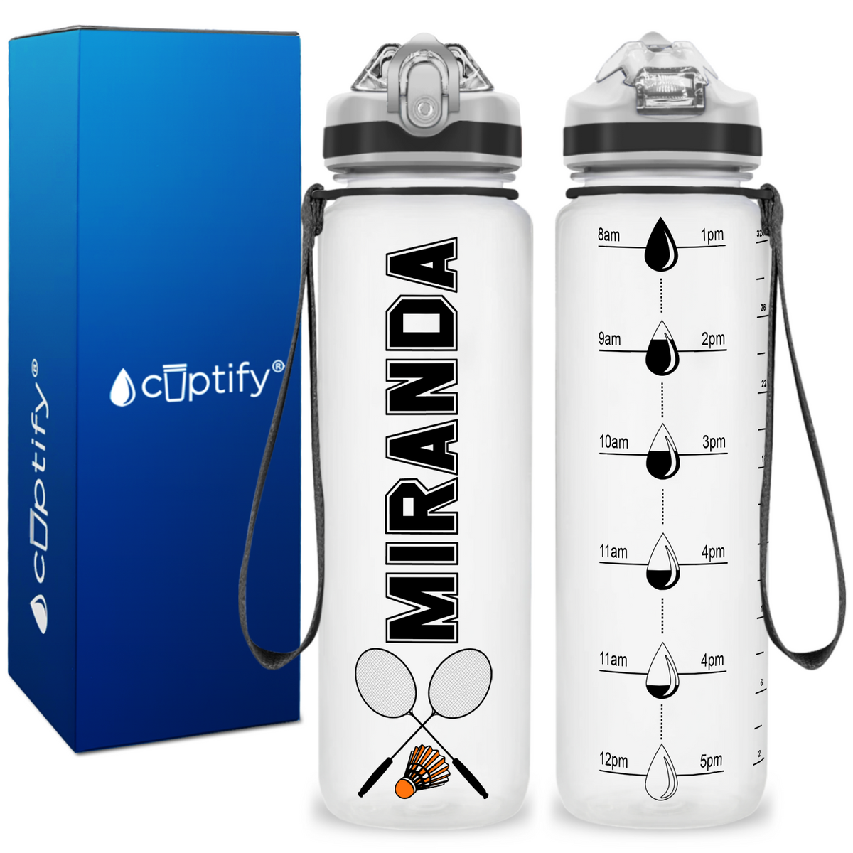 Personalized Badminton Rackets on 32 oz Motivational Tracking Water Bottle