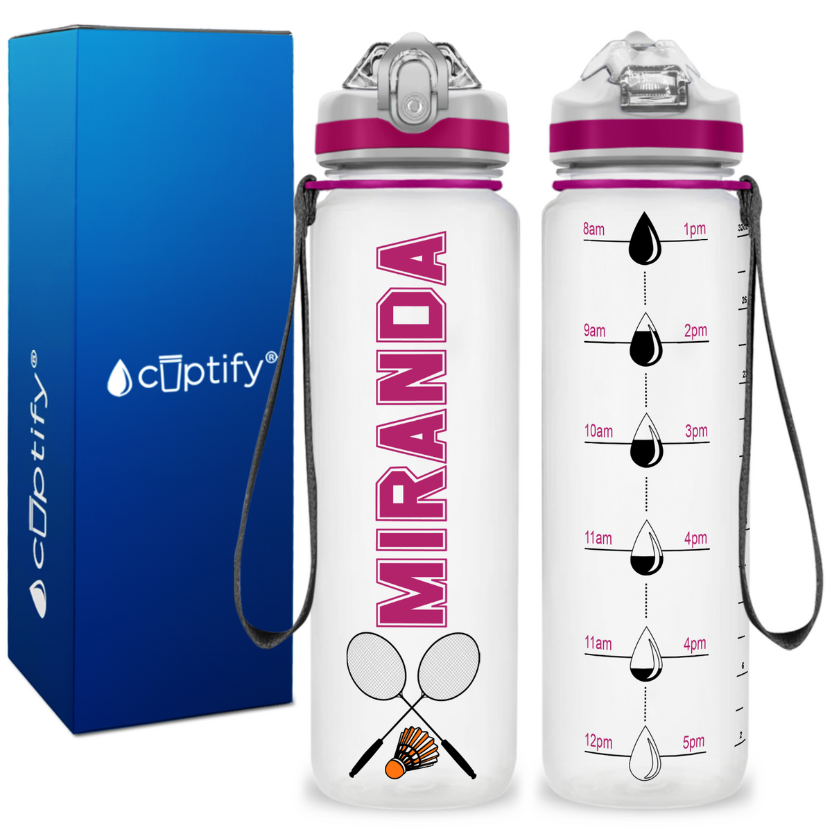 Personalized Badminton Rackets on 32 oz Motivational Tracking Water Bottle