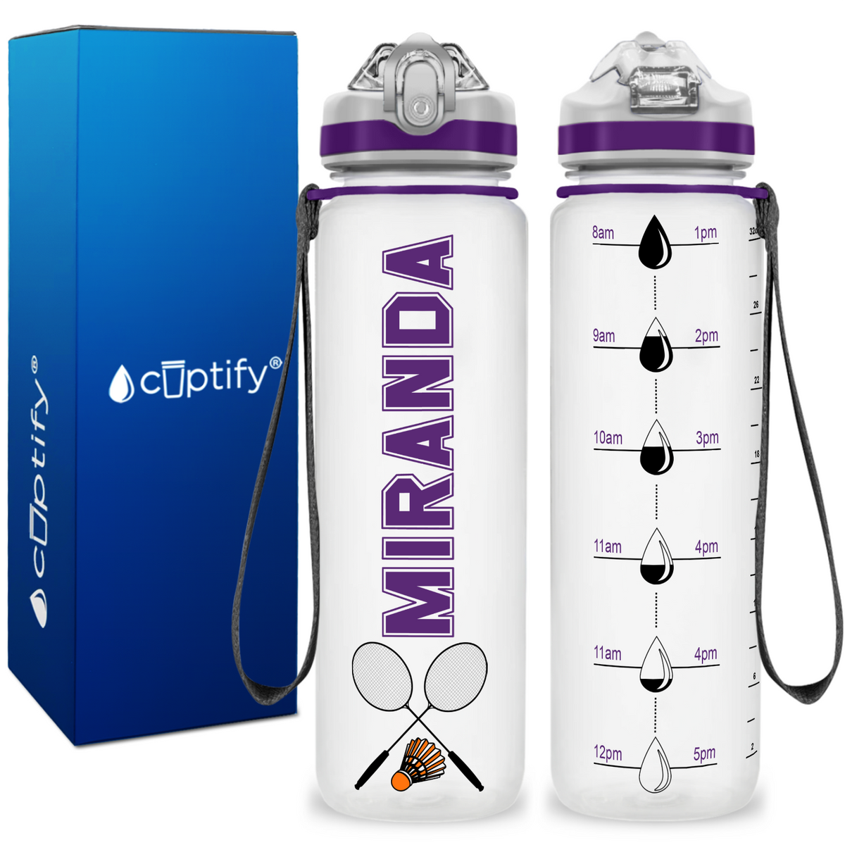 Personalized Badminton Rackets on 32 oz Motivational Tracking Water Bottle