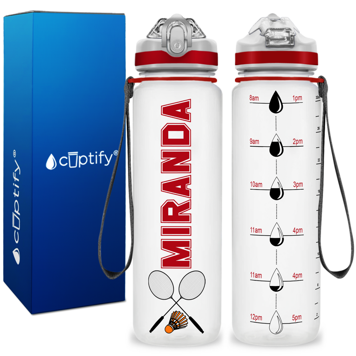 Personalized Badminton Rackets on 32 oz Motivational Tracking Water Bottle