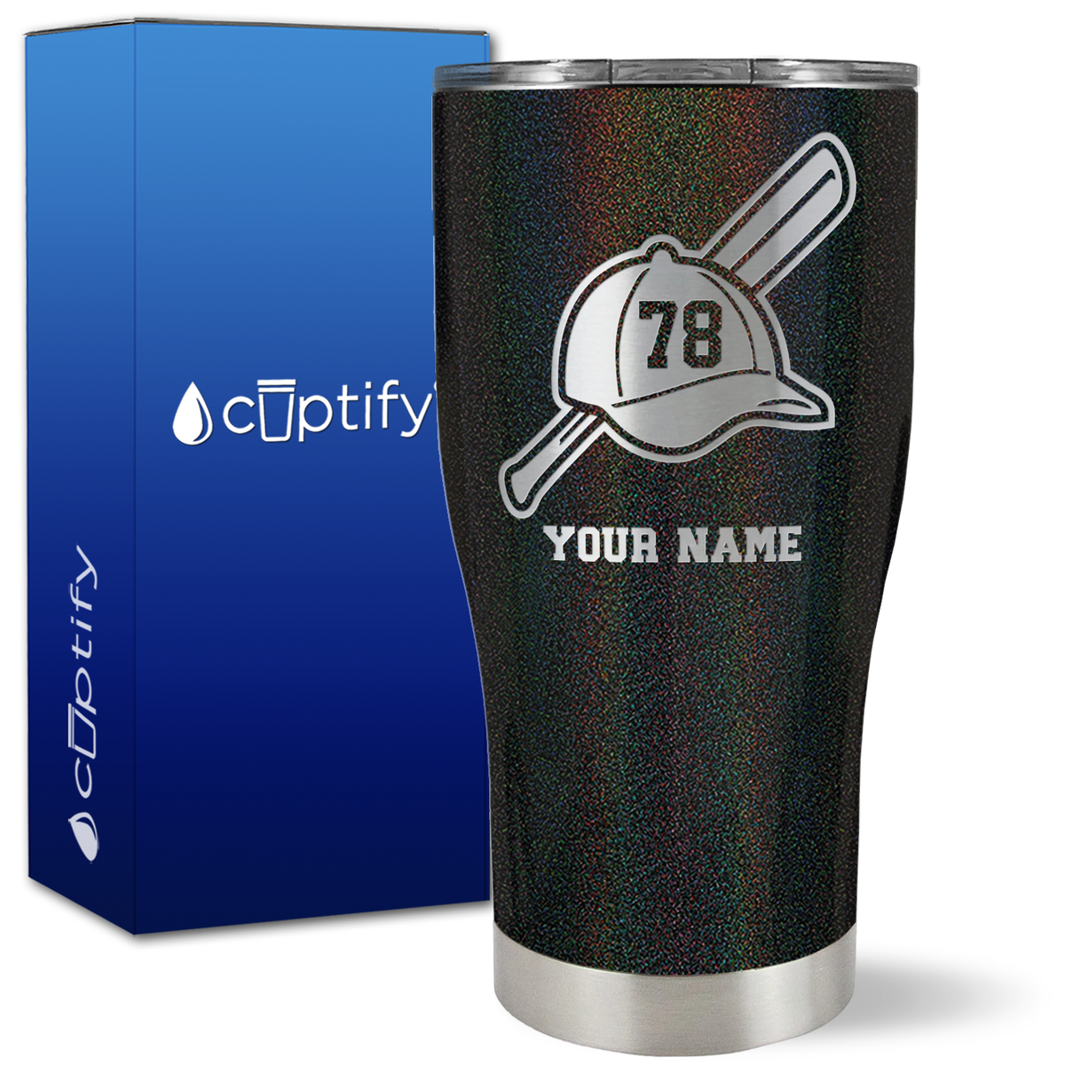 Personalized Baseball Bat and Hat with Number on 27oz Curve Tumbler