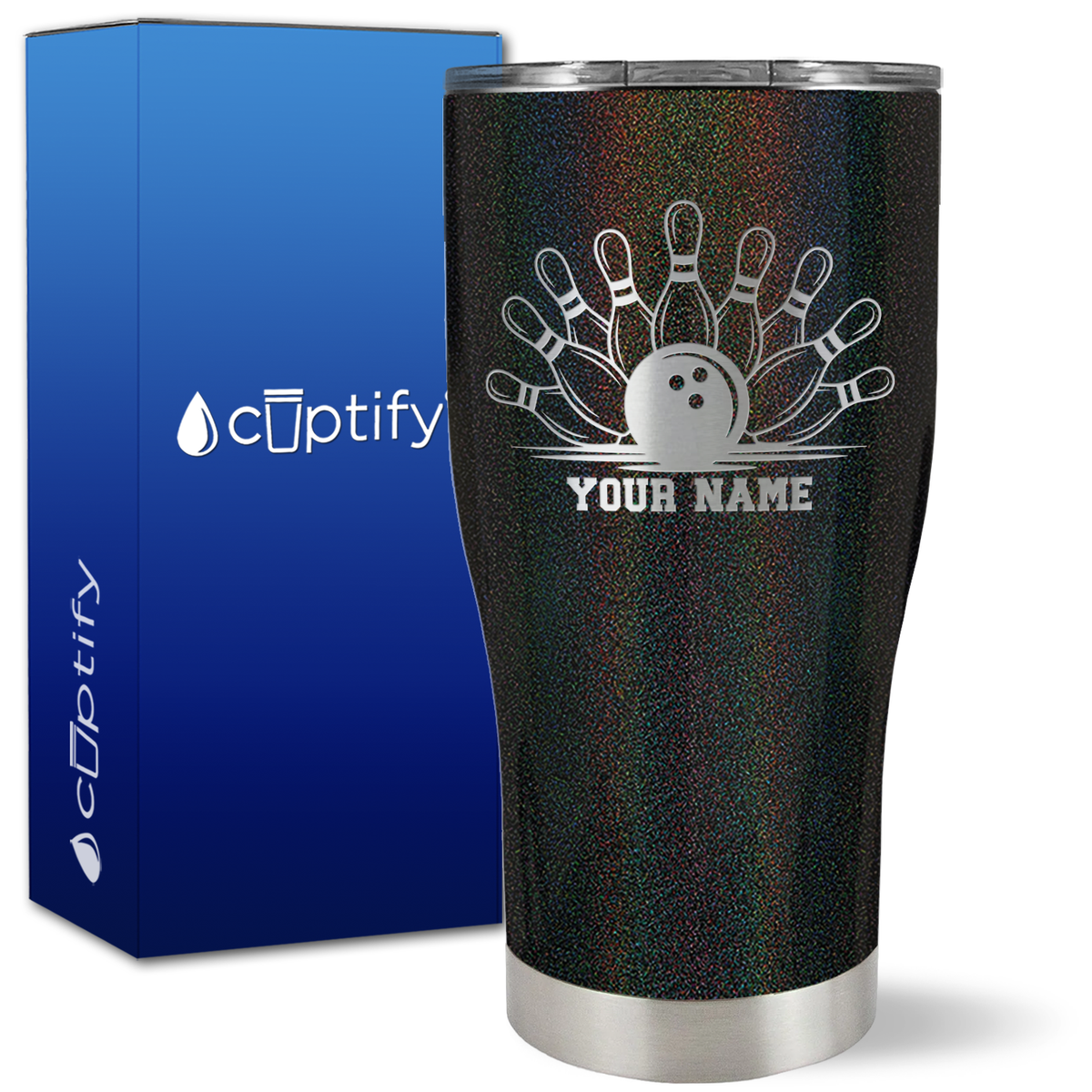 Personalized Bowling Ball and Pins on 27oz Curve Tumbler