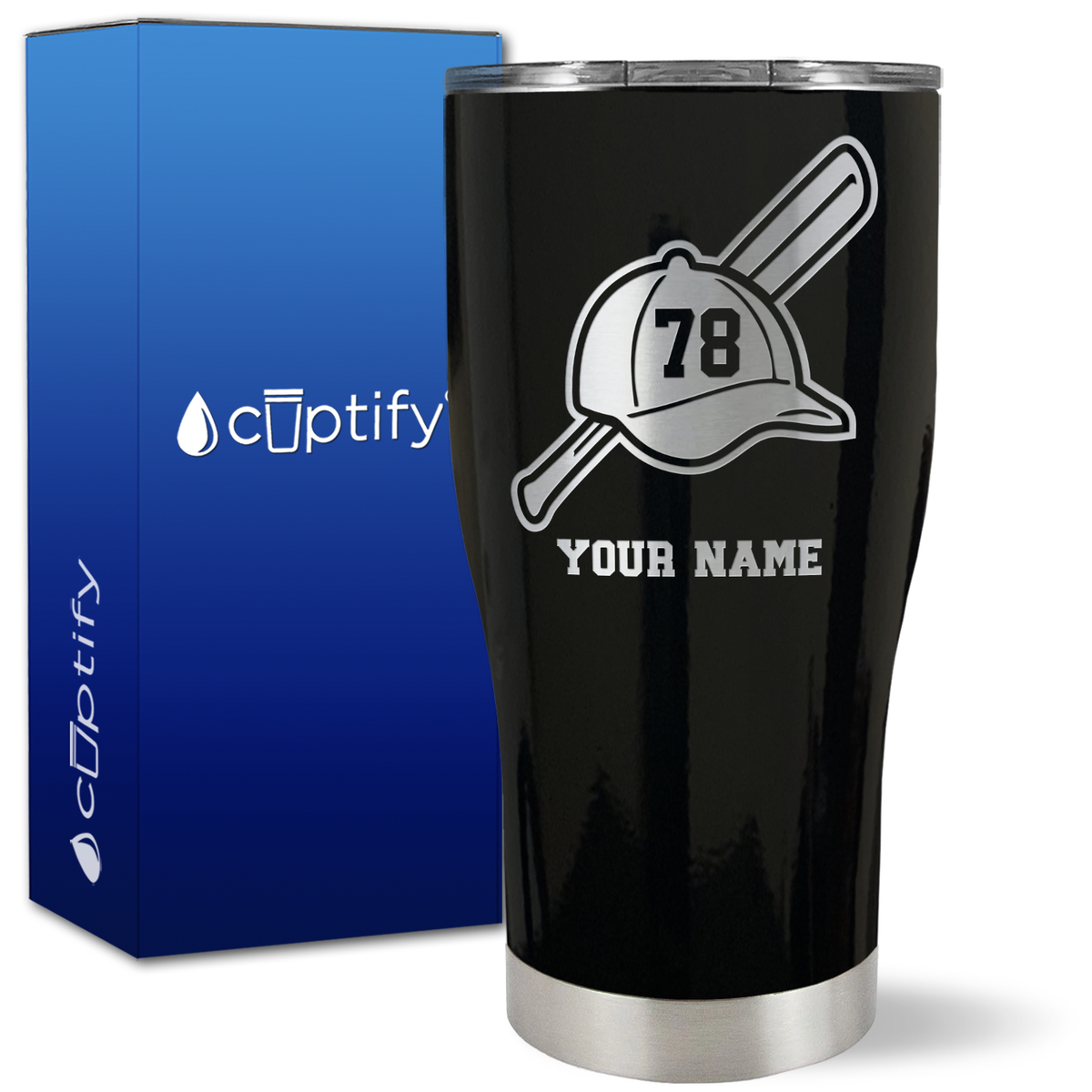 Personalized Baseball Bat and Hat with Number on 27oz Curve Tumbler
