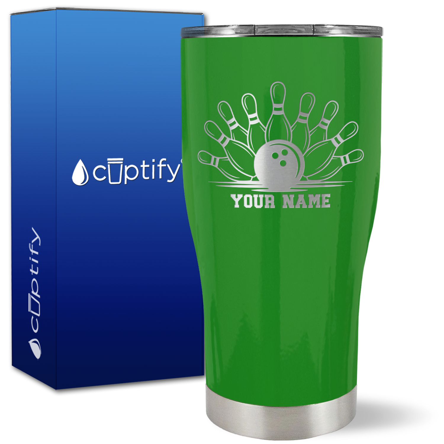 Personalized Bowling Ball and Pins on 27oz Curve Tumbler