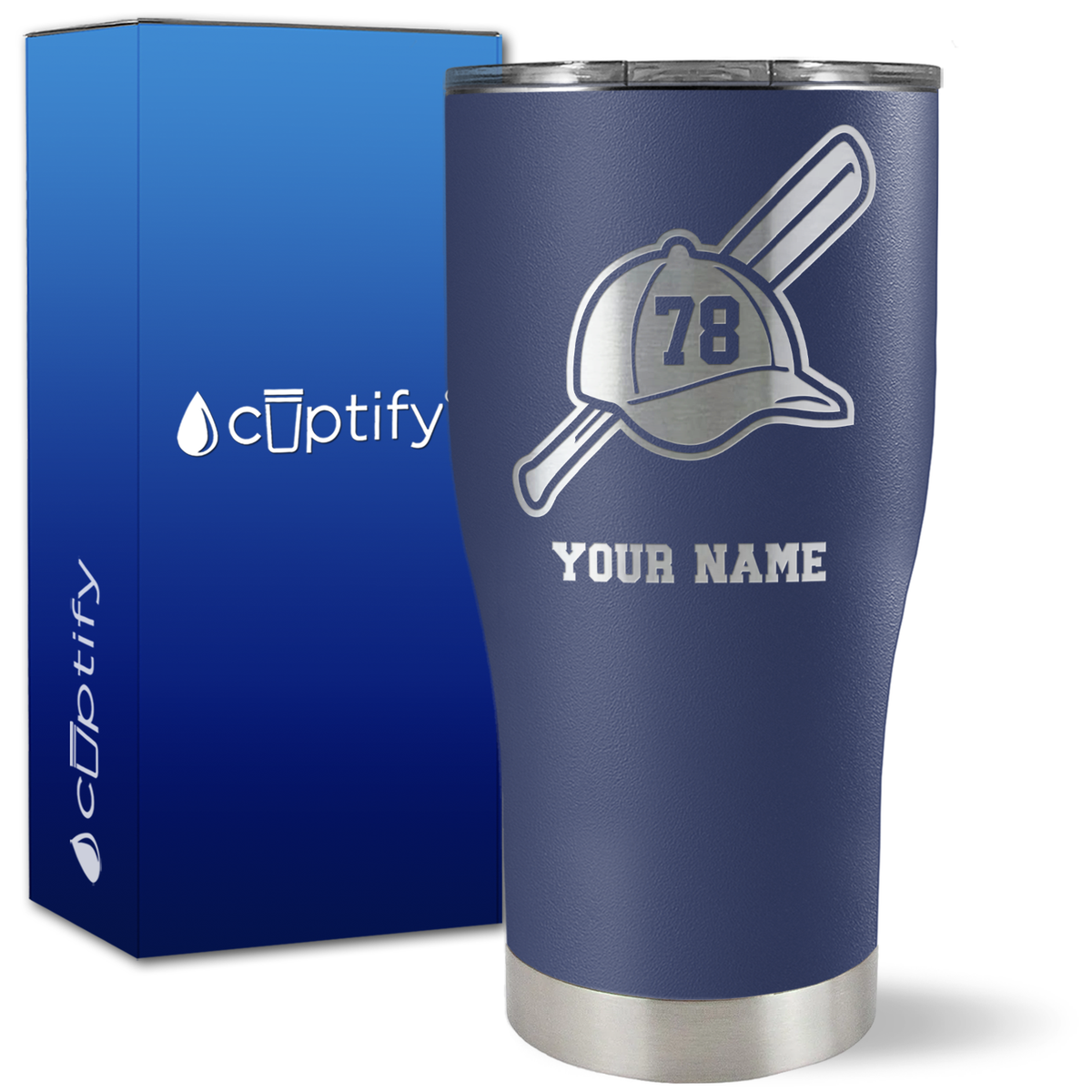 Personalized Baseball Bat and Hat with Number on 27oz Curve Tumbler