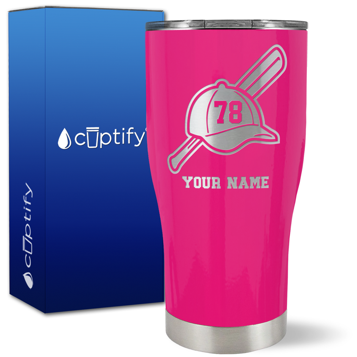 Personalized Baseball Bat and Hat with Number on 27oz Curve Tumbler