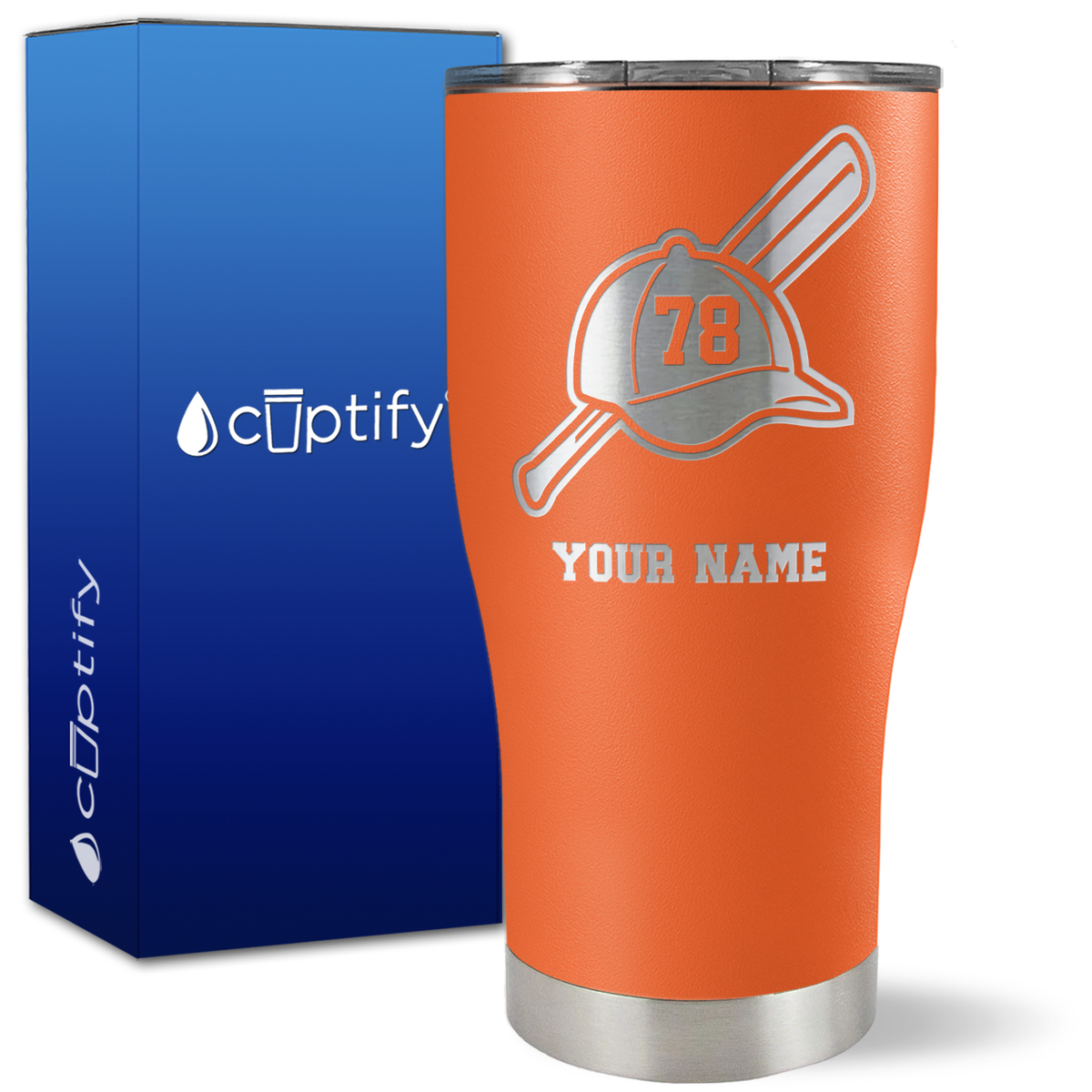 Personalized Baseball Bat and Hat with Number on 27oz Curve Tumbler
