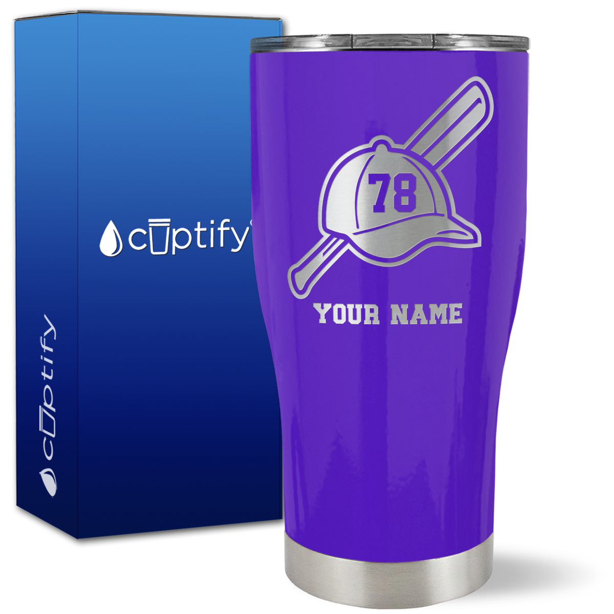 Personalized Baseball Bat and Hat with Number on 27oz Curve Tumbler