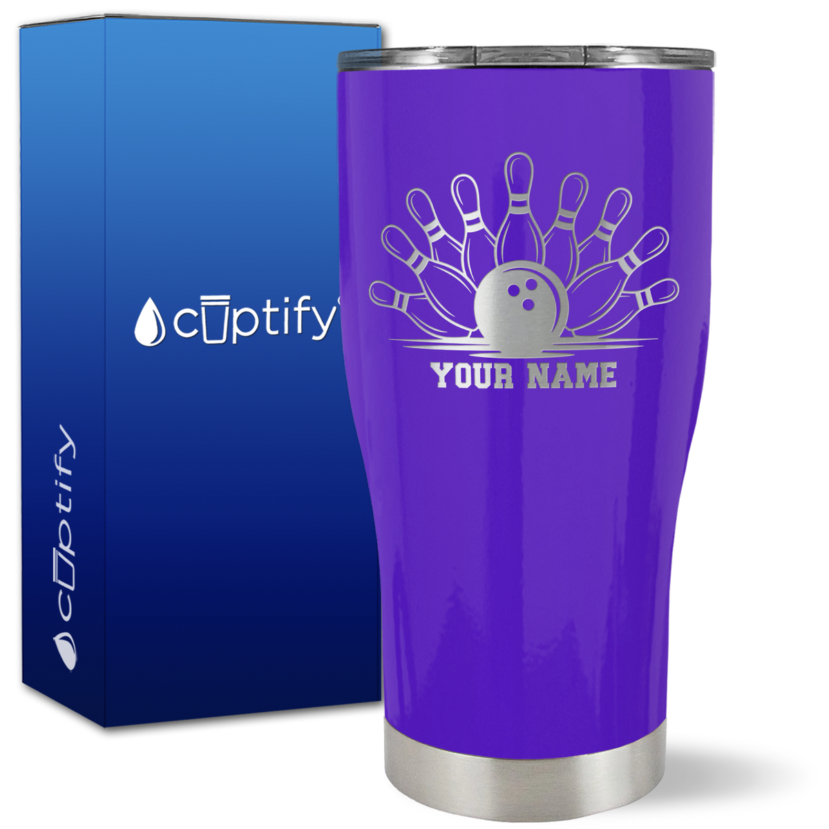 Personalized Bowling Ball and Pins on 27oz Curve Tumbler