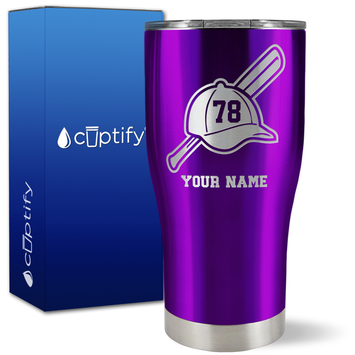 Personalized Baseball Bat and Hat with Number on 27oz Curve Tumbler
