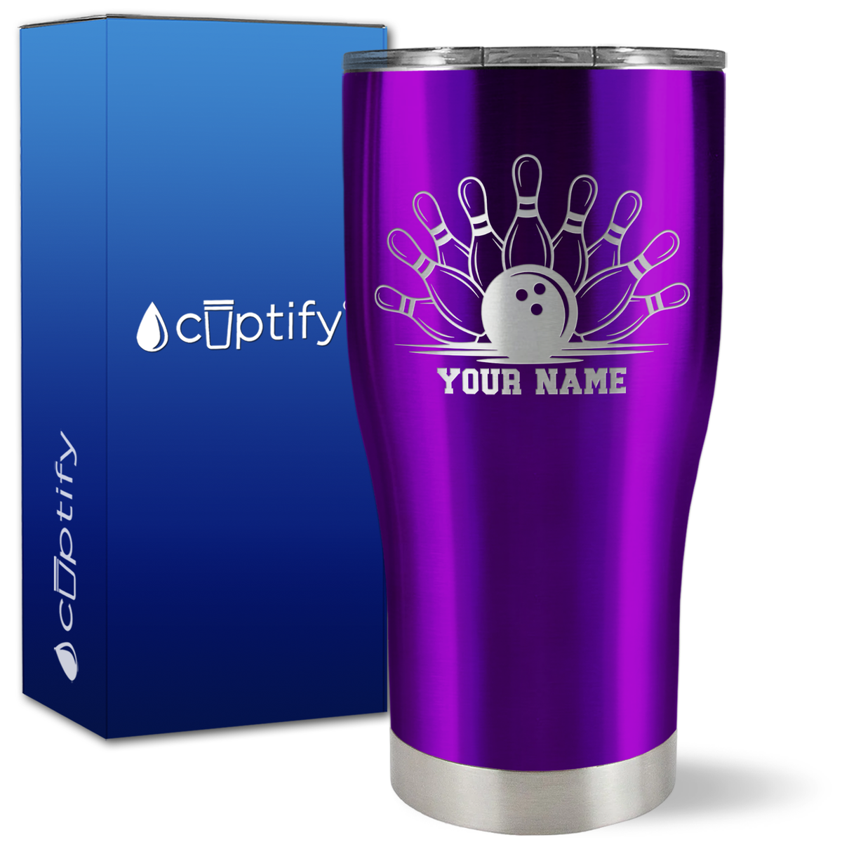 Personalized Bowling Ball and Pins on 27oz Curve Tumbler