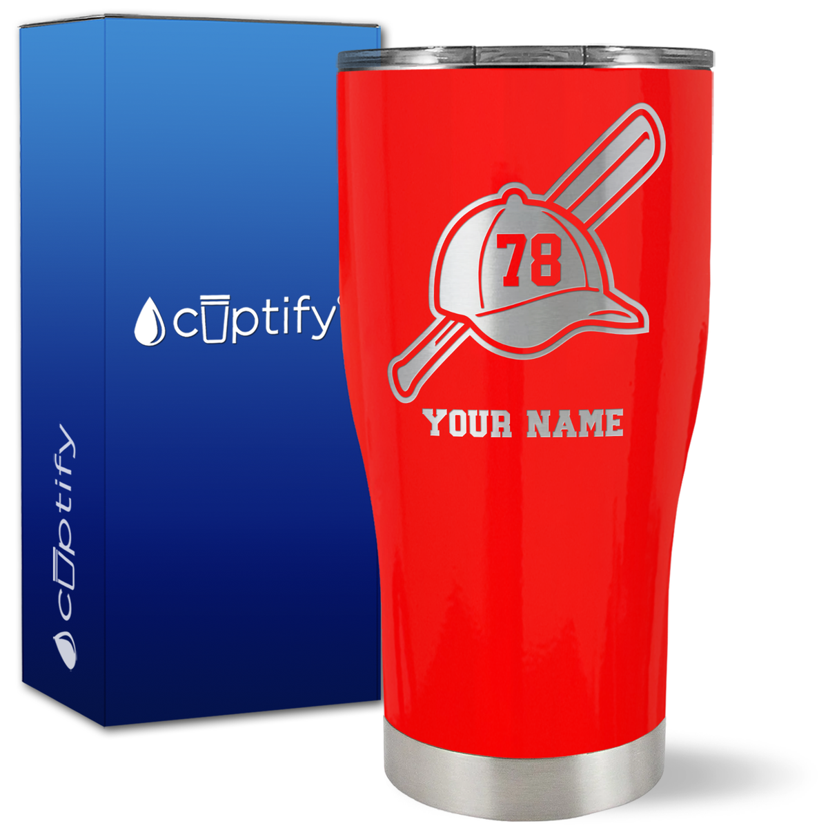 Personalized Baseball Bat and Hat with Number on 27oz Curve Tumbler