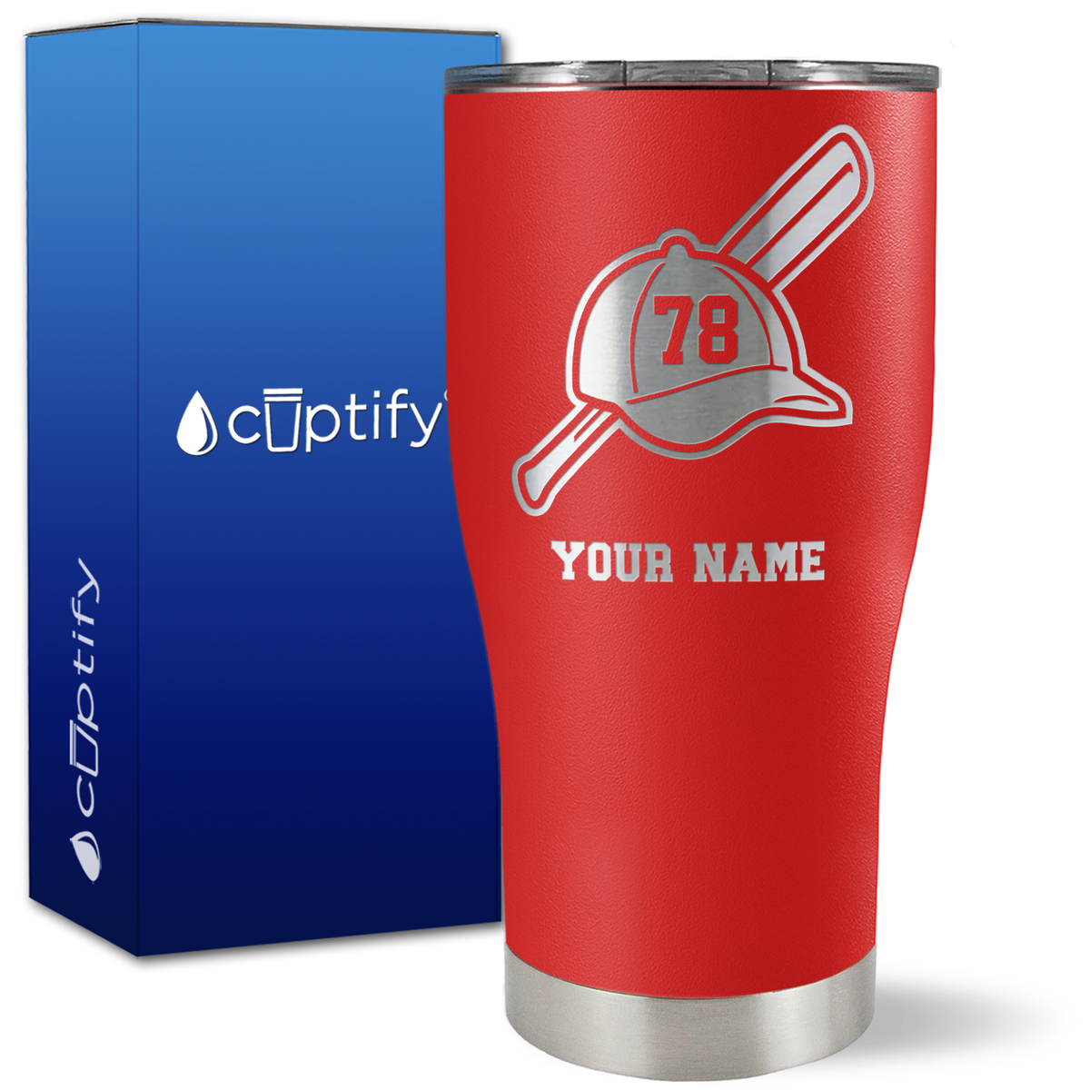 Personalized Baseball Bat and Hat with Number on 27oz Curve Tumbler