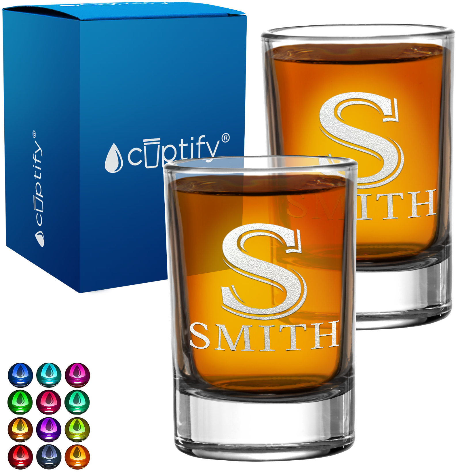 Personalized Initial and Name Set of Two 2.5oz Round Shot Glasses