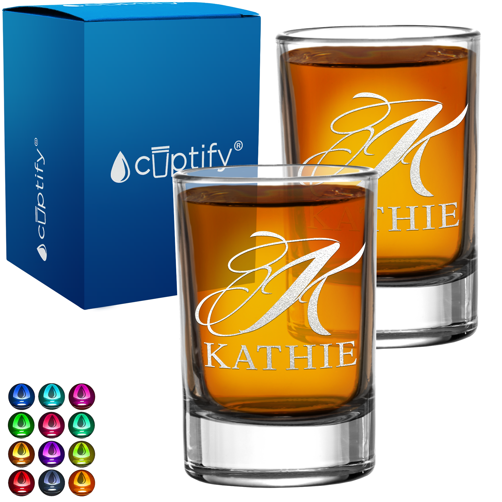 Personalied Script Name and Initial Set of Two 2.5oz Round Shot Glasses