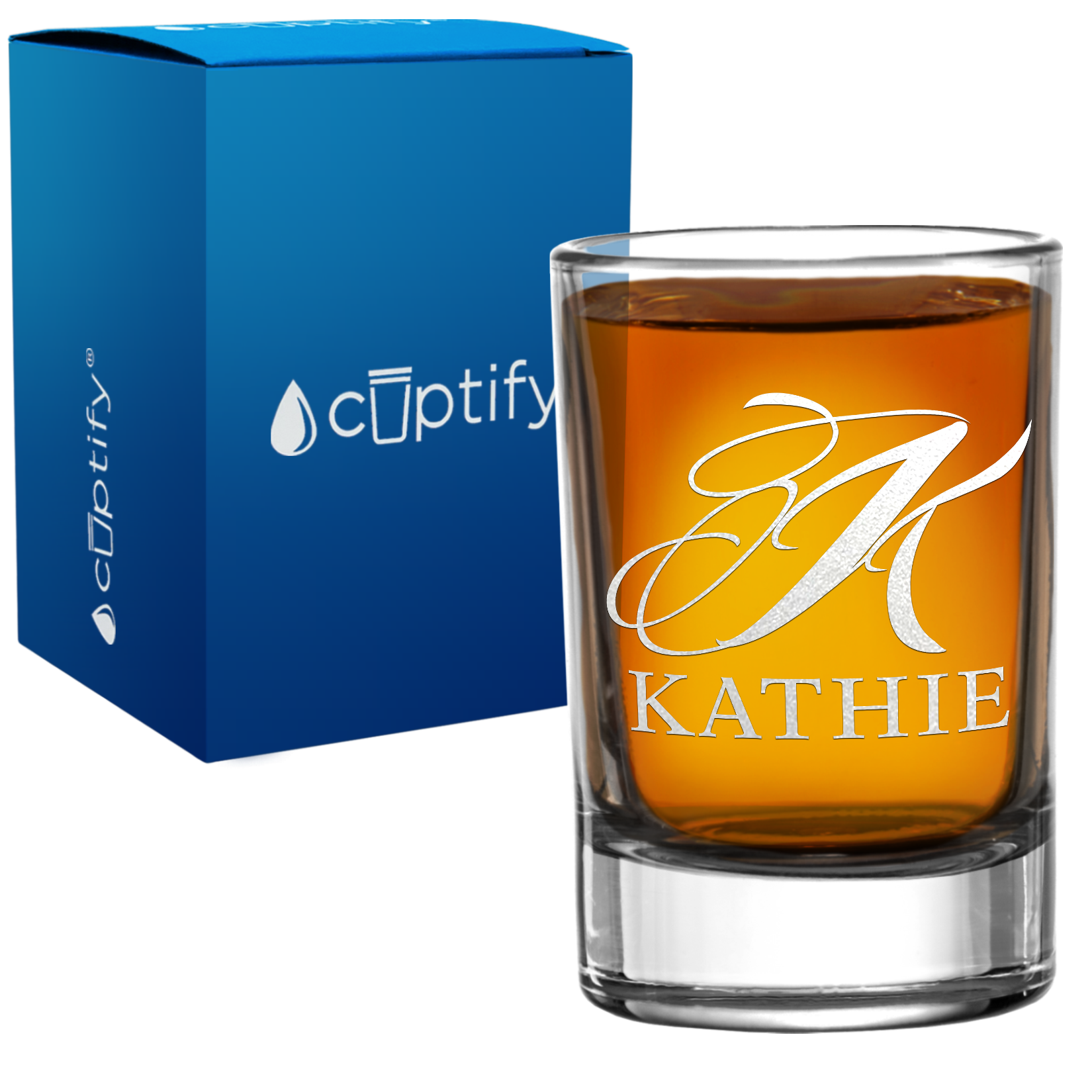 Personalied Script Name and Initial 2.5oz Round Shot Glass