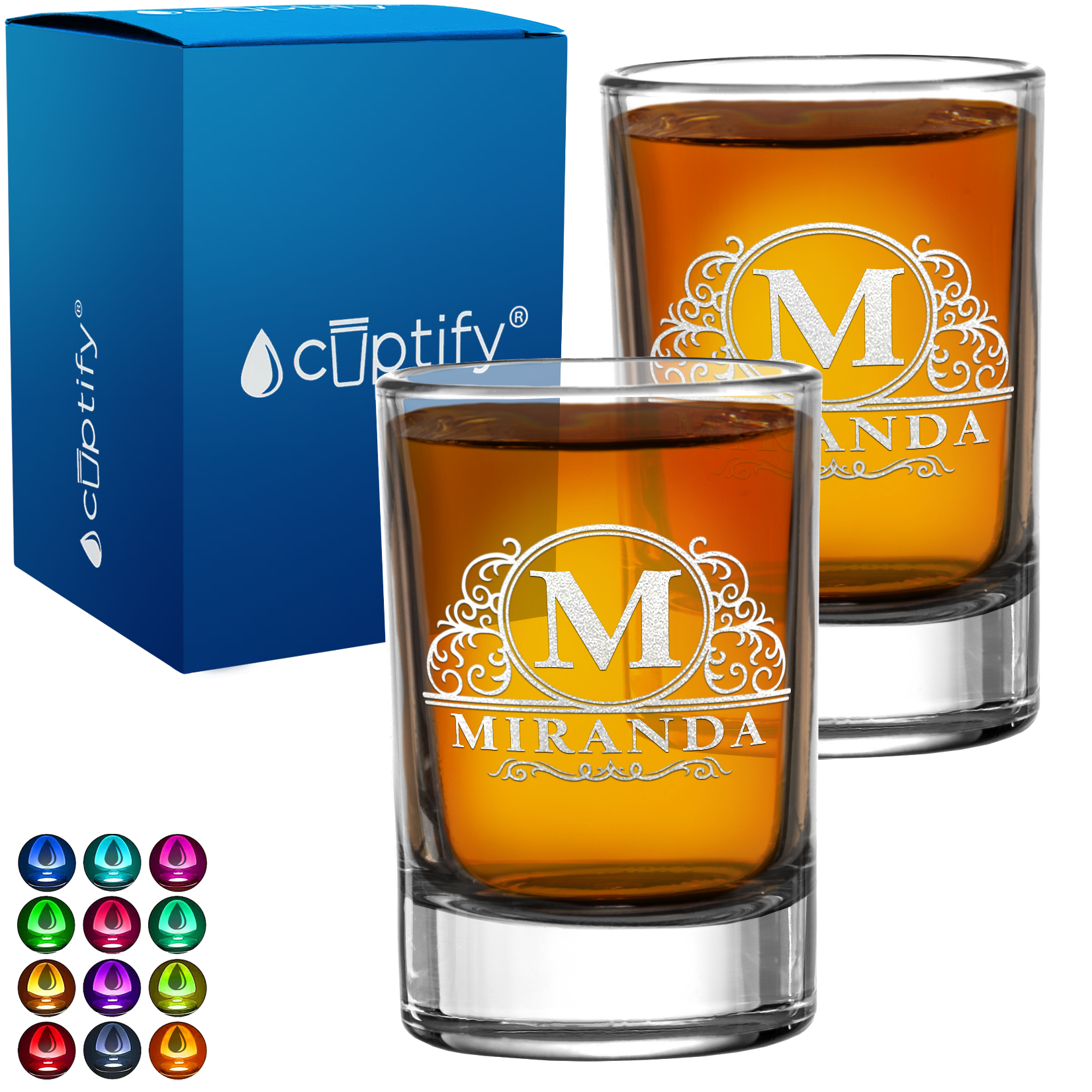 Personalied Elaborate Circle Monogram Set of Two 2.5oz Round Shot Glasses