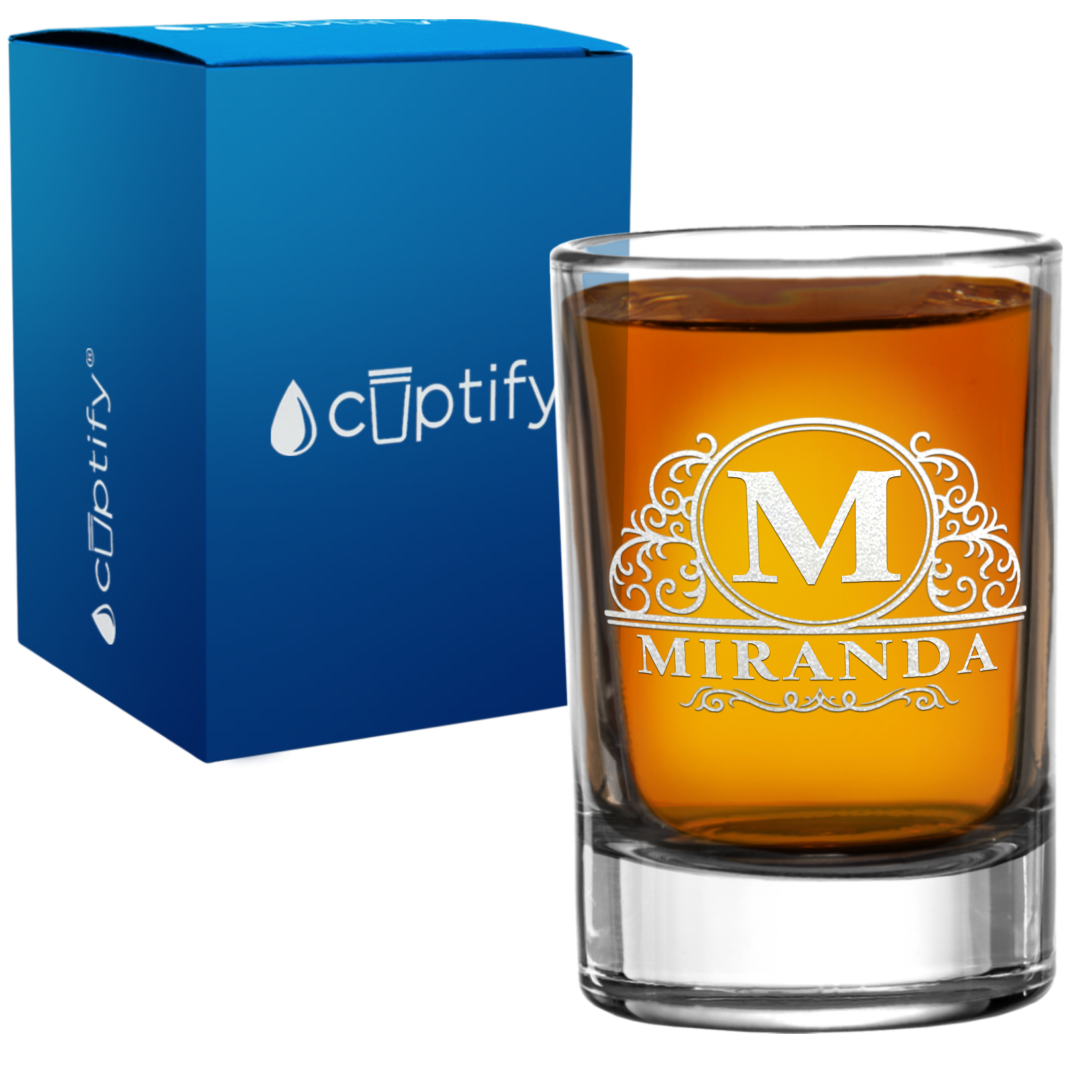 Personalied Elaborate Circle Monogram 2.5oz Round Shot Glass